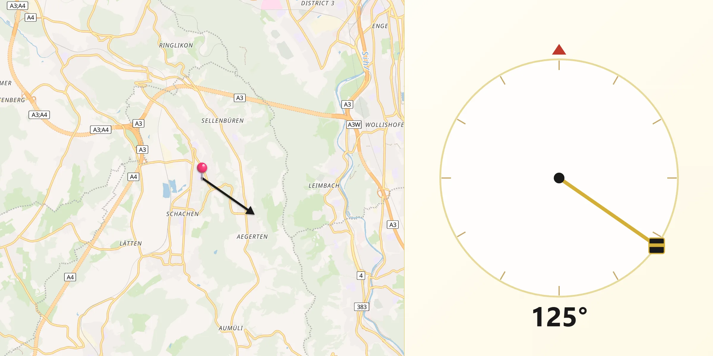 Direction vers la Qibla depuis Wettswil / Ausser-Dorf