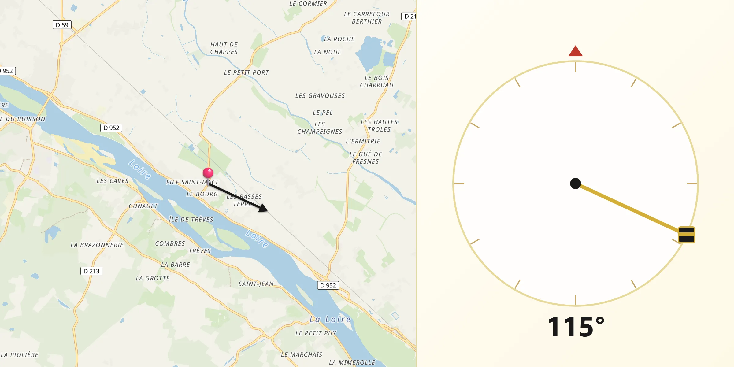 Direction vers la Qibla depuis Saint-Clément-des-Levées