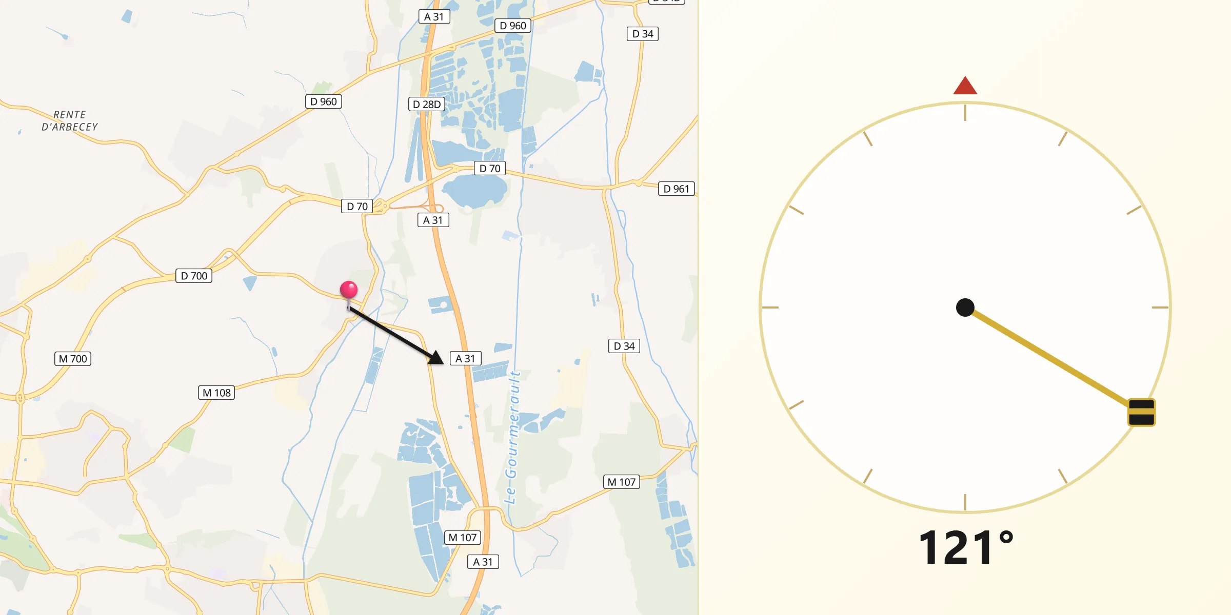 Direction vers la Qibla depuis Couternon