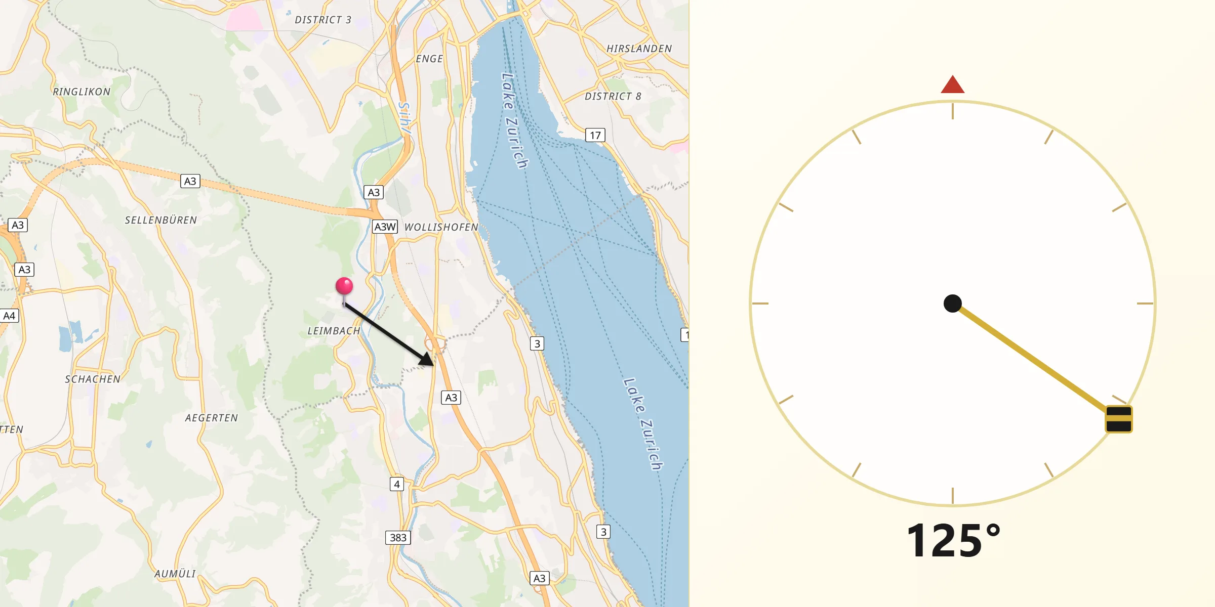 Qibla-Richtung von Zürich (Kreis 2) / Unter-Leimbach