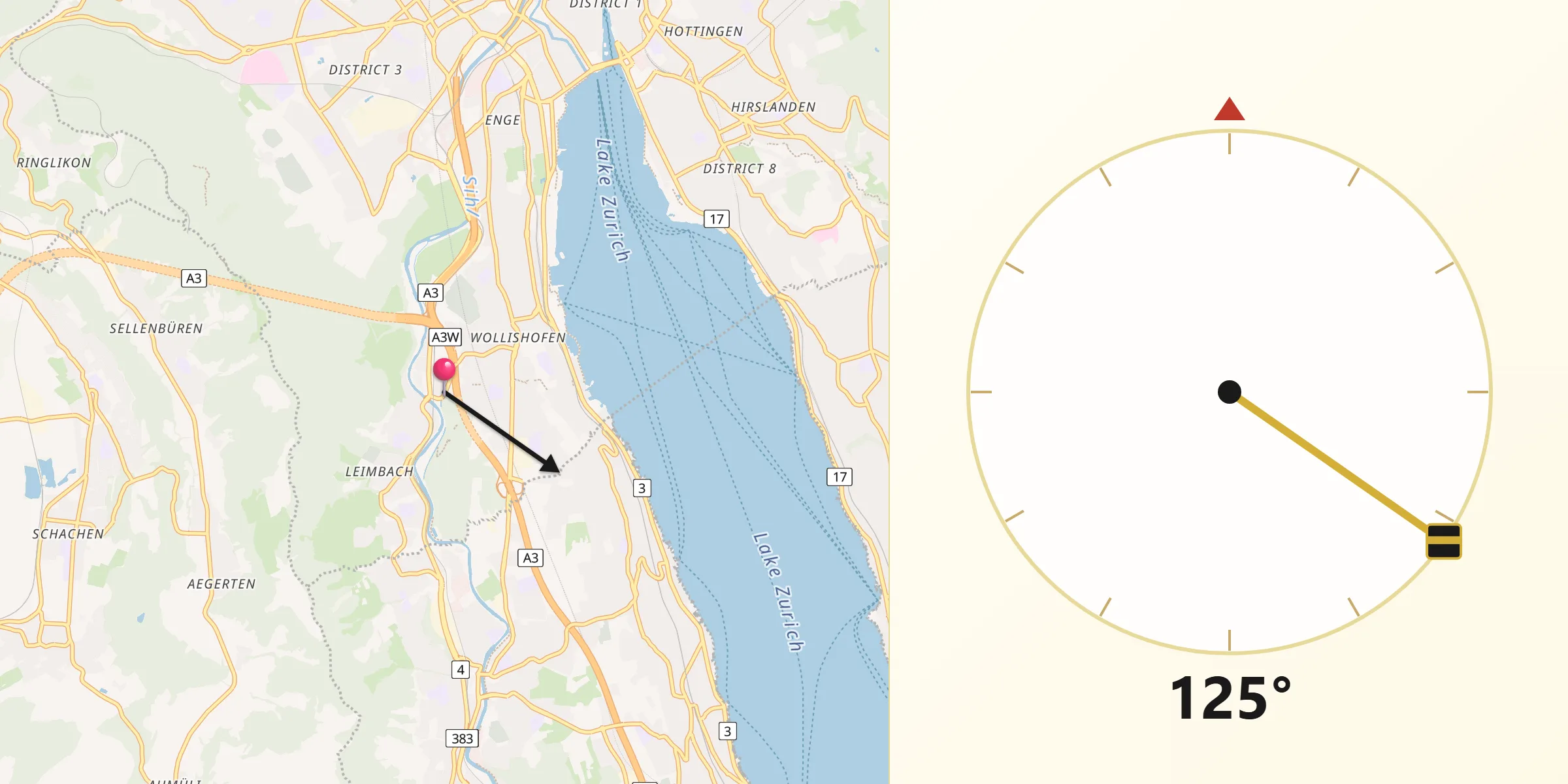 Qibla-Richtung von Zürich (Kreis 2)
