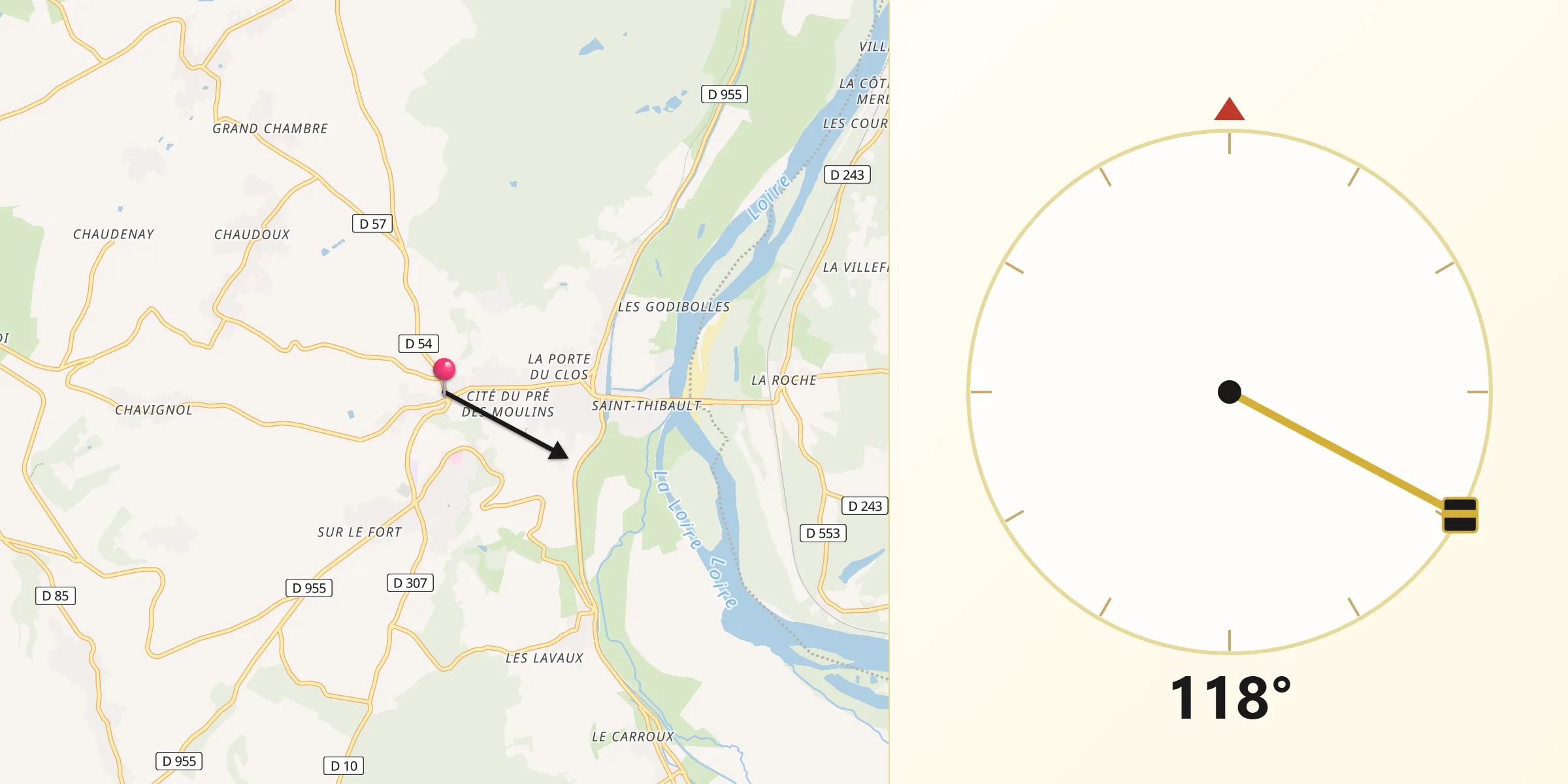 Direction vers la Qibla depuis Saint-Satur
