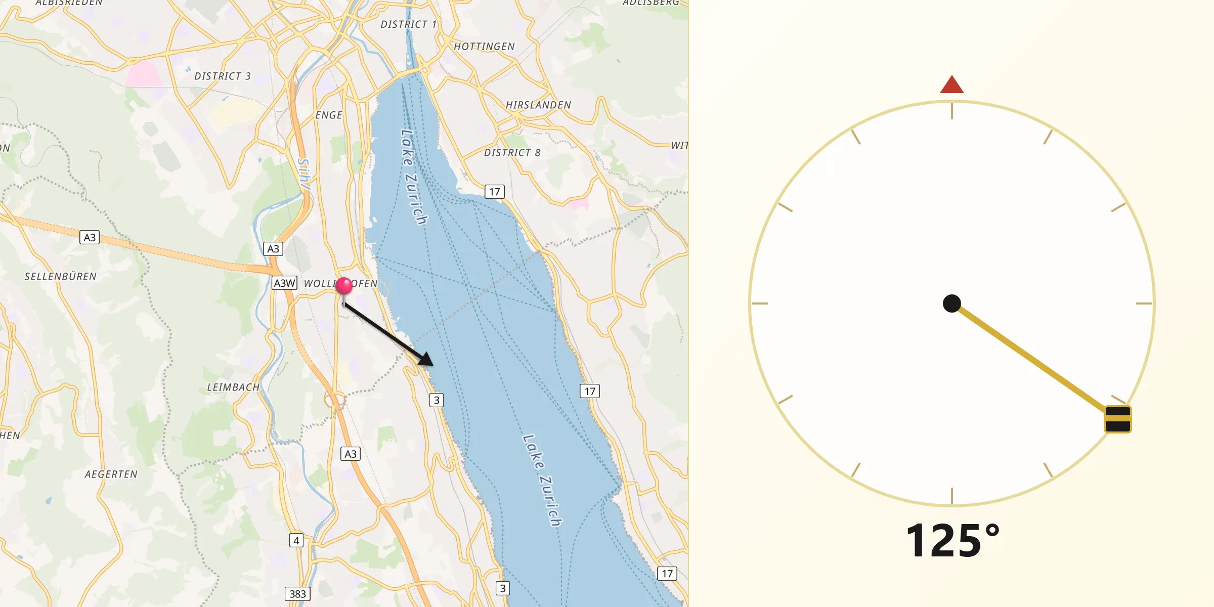 Qibla-Richtung von Zürich (Kreis 2) / Wollishofen