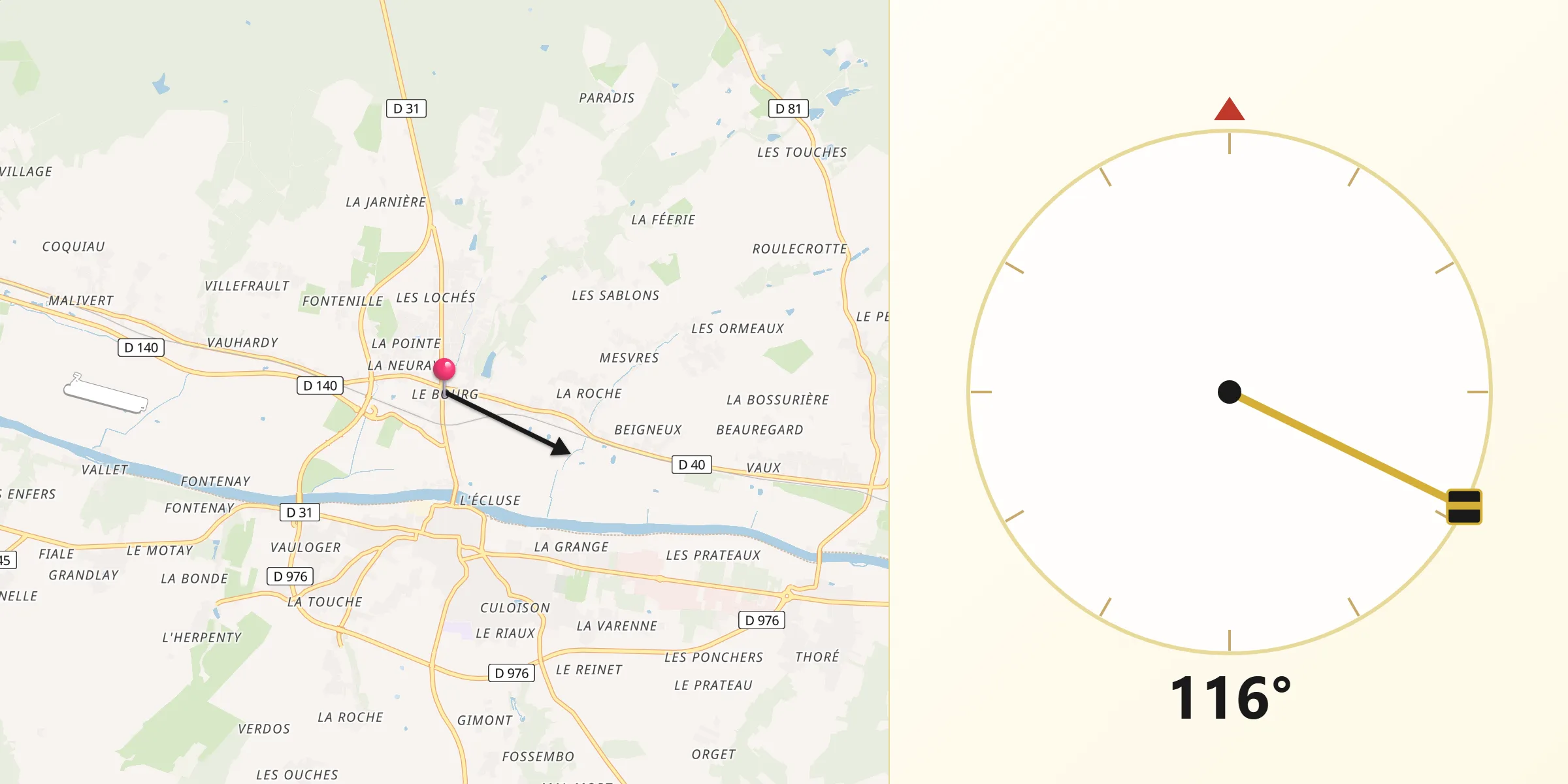 Direction vers la Qibla depuis La Croix-en-Touraine
