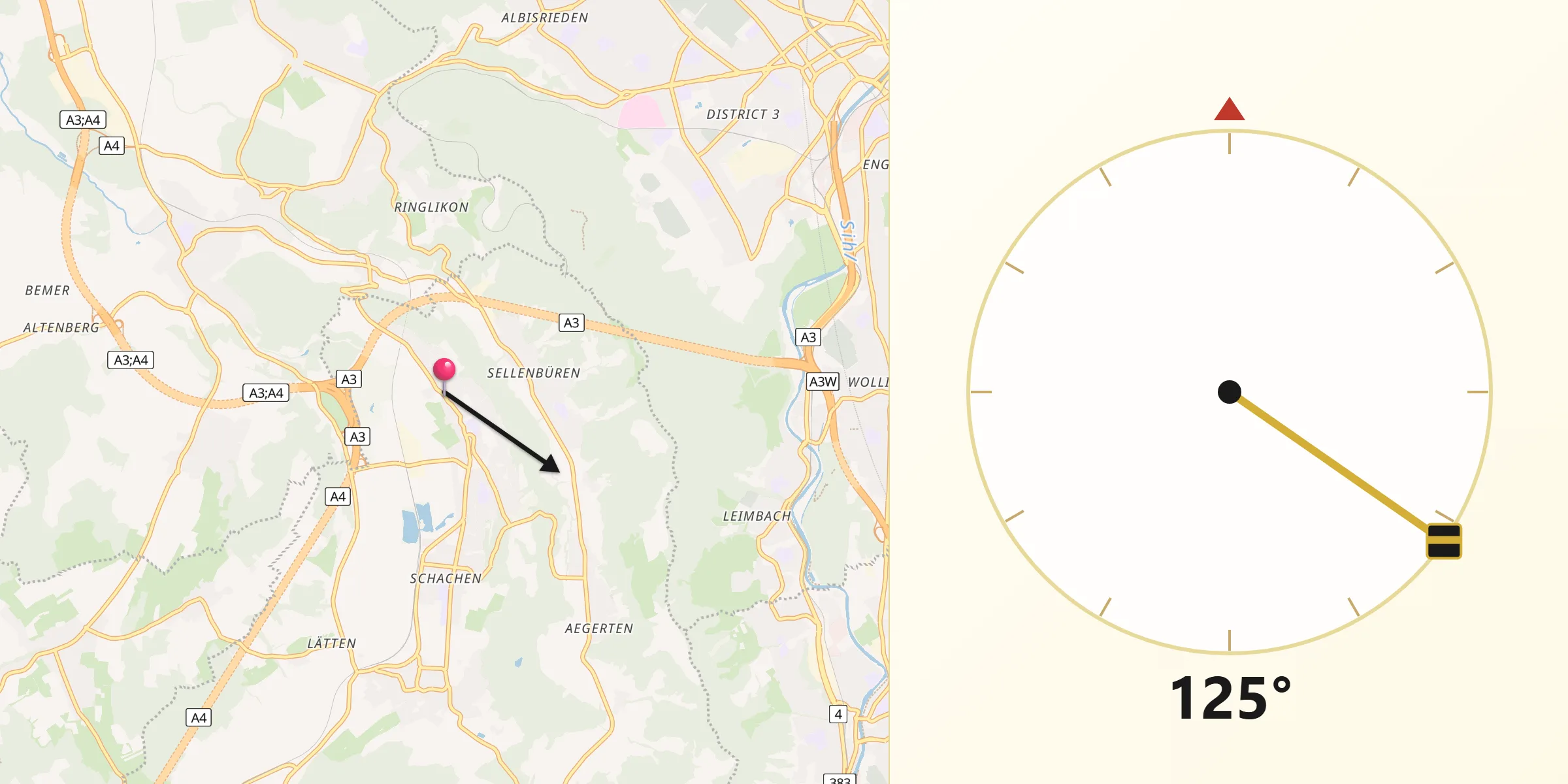 Qibla-Richtung von Wettswil / Wettswil (Dorf)