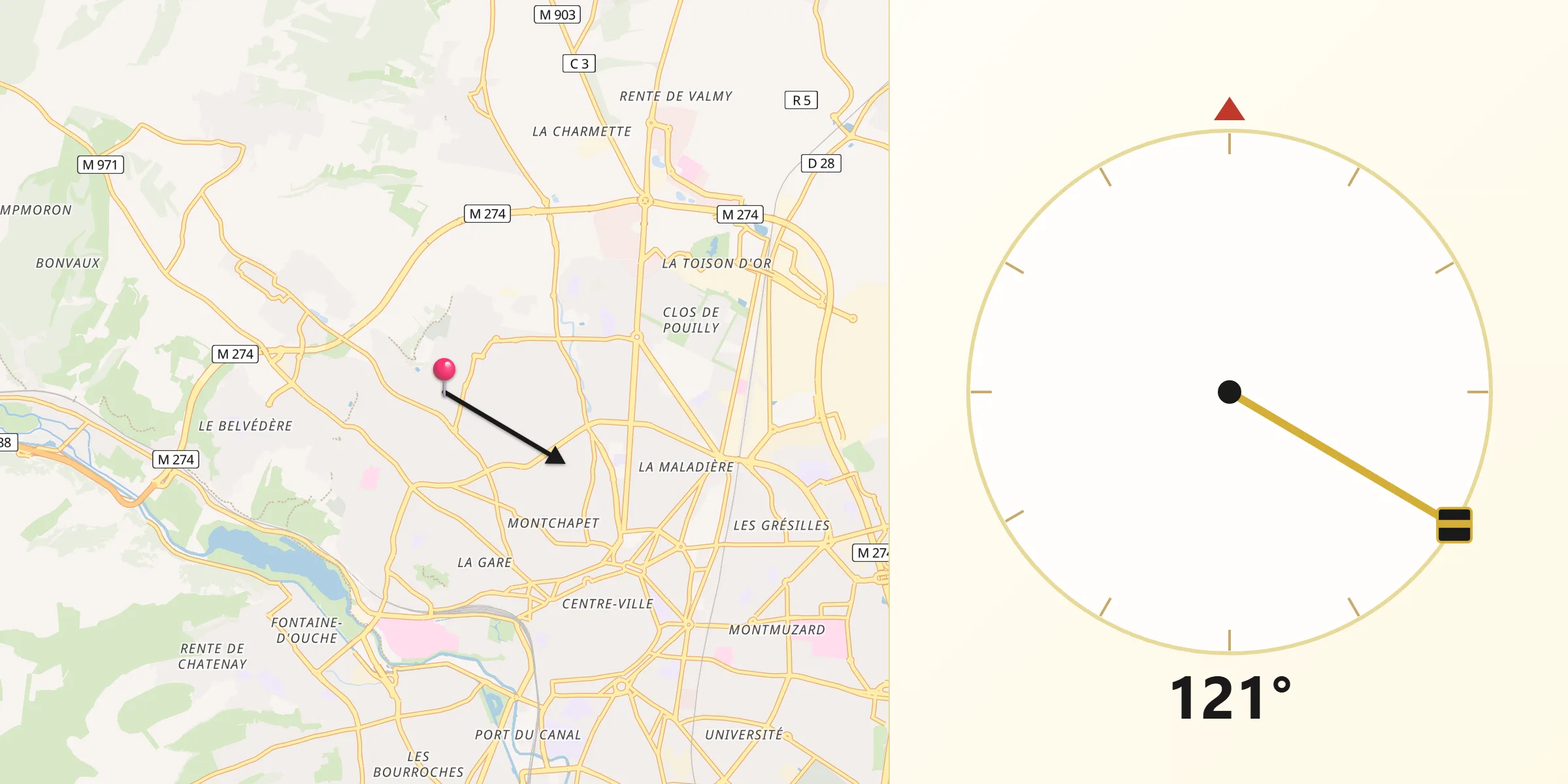 Direction vers la Qibla depuis Fontaine-lès-Dijon
