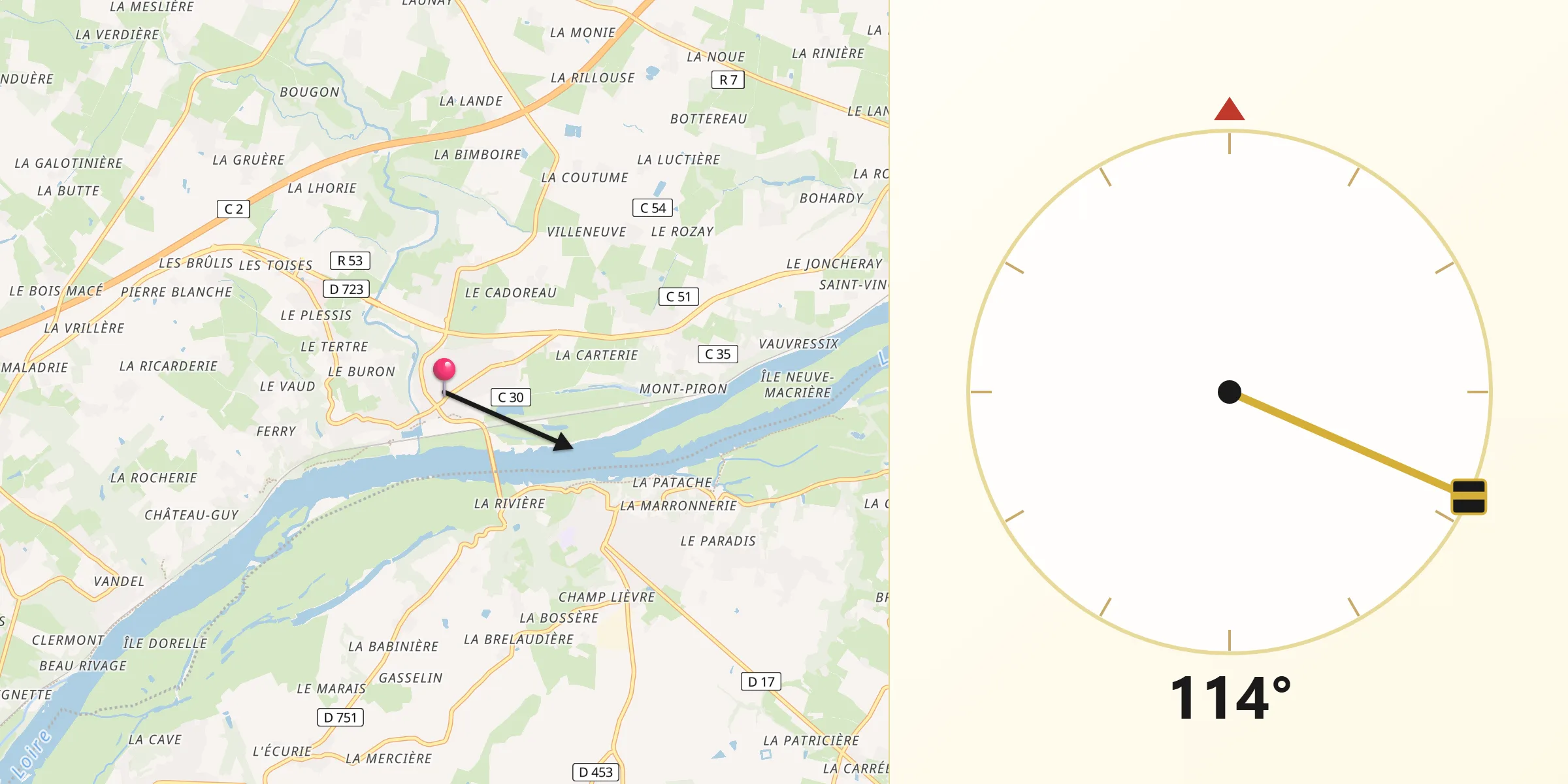 Direction vers la Qibla depuis Oudon