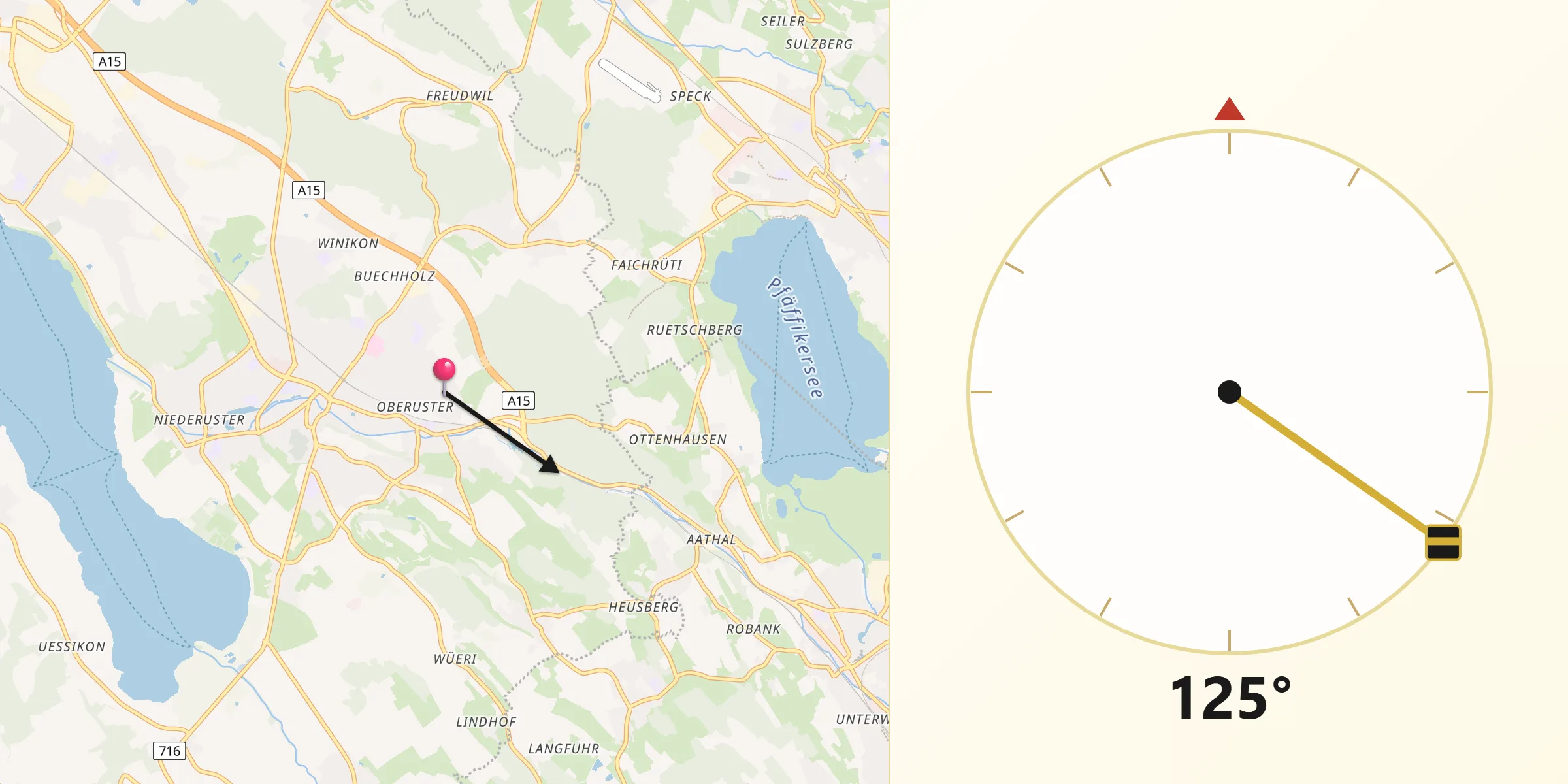 Direction vers la Qibla depuis Uster / Ober-Uster