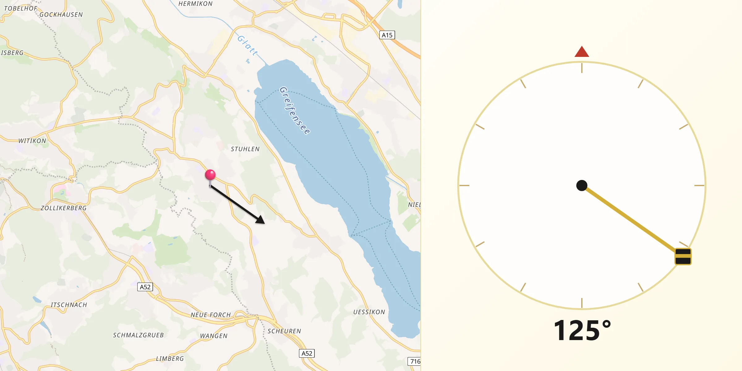 Direction vers la Qibla depuis Ebmatingen