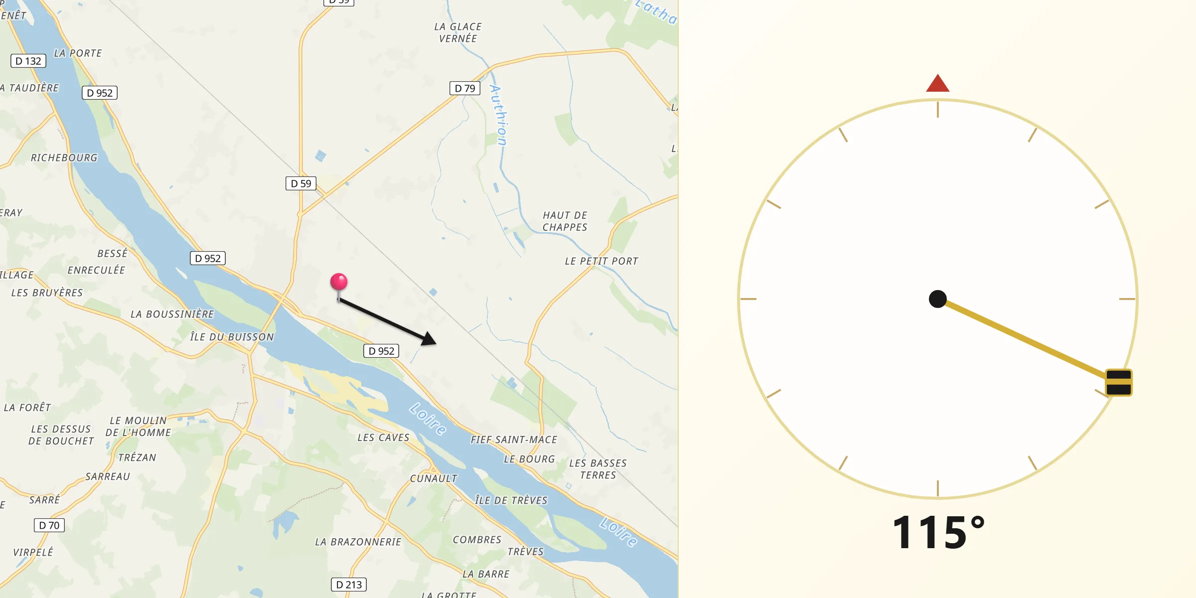 Direction vers la Qibla depuis Les Rosiers-sur-Loire