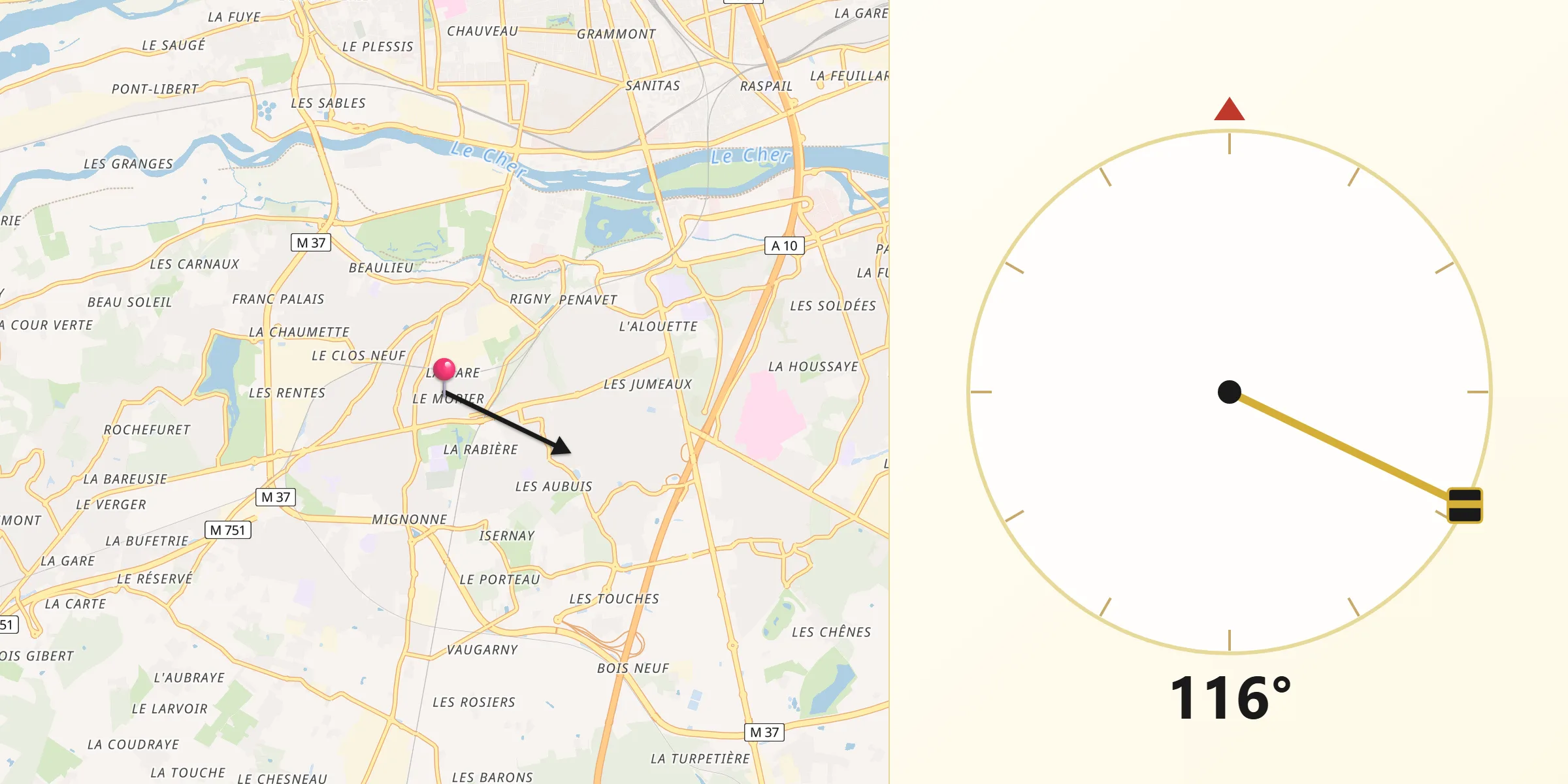 Direction vers la Qibla depuis Joué-lès-Tours