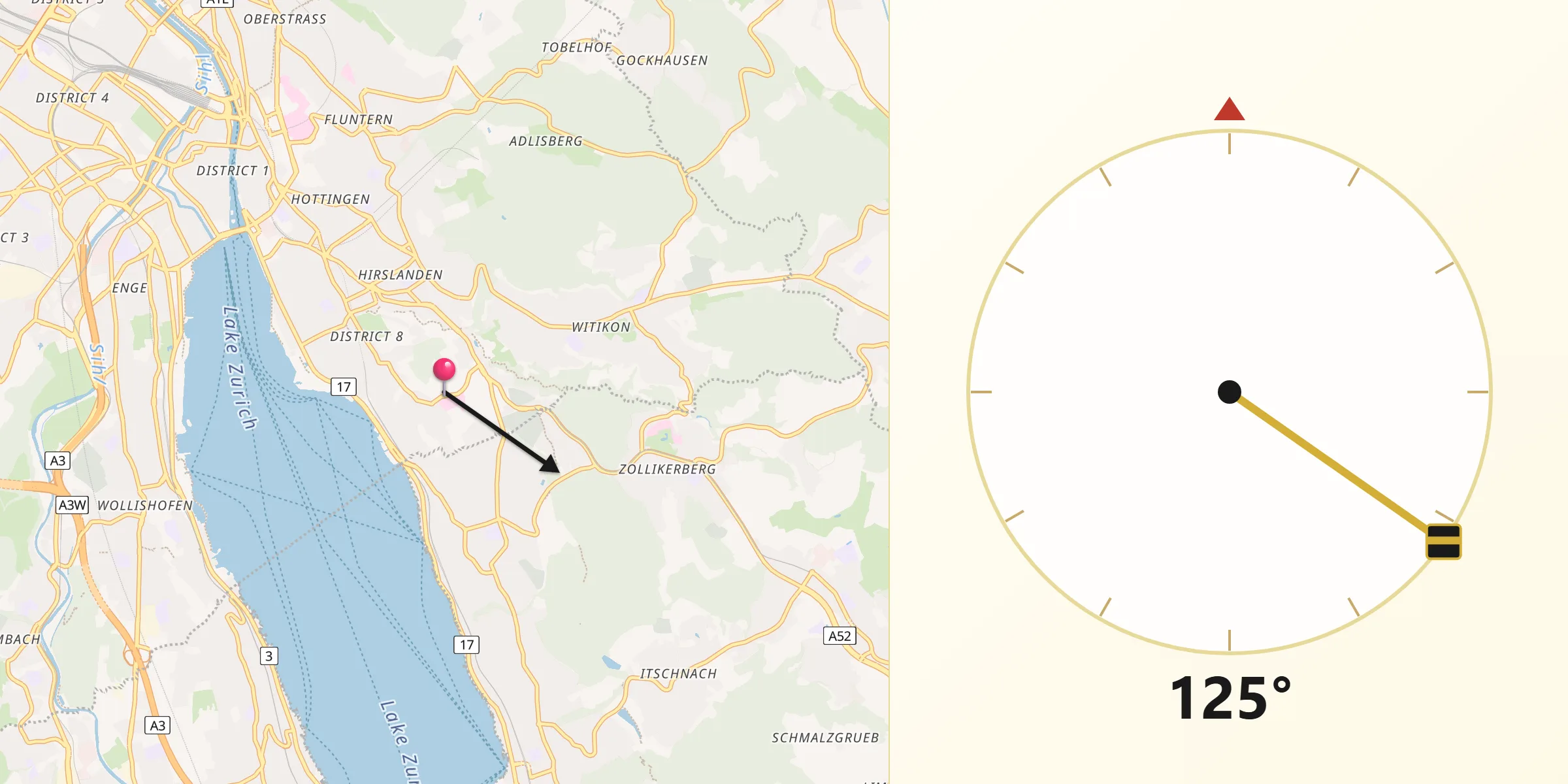 Qibla-Richtung von Zürich (Kreis 8) / Weinegg