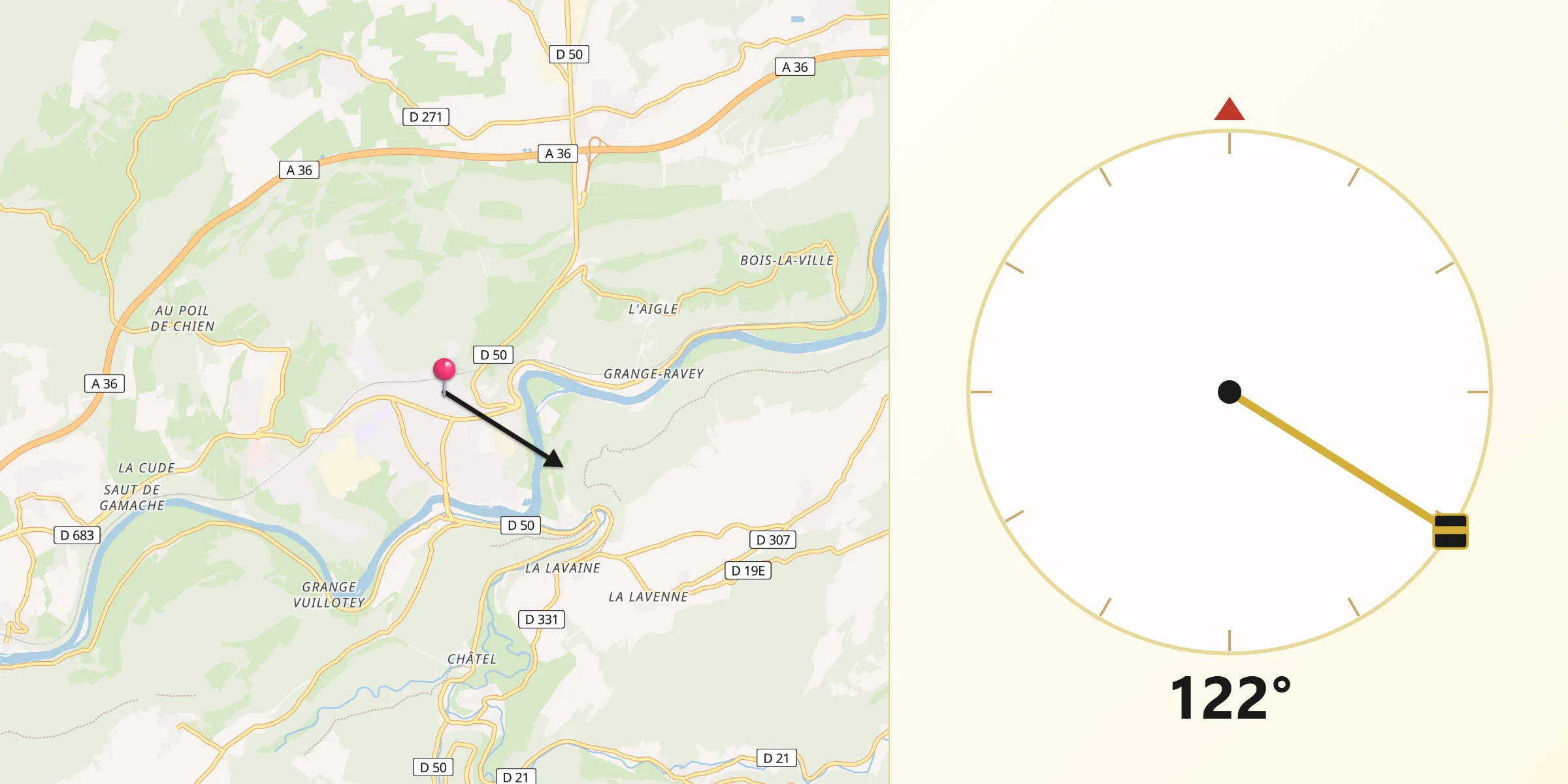 Direction vers la Qibla depuis Baume-les-Dames