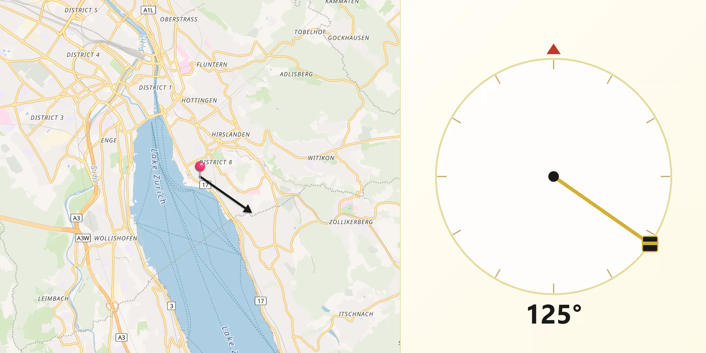 Qibla-Richtung von Zürich (Kreis 8) / Seefeld