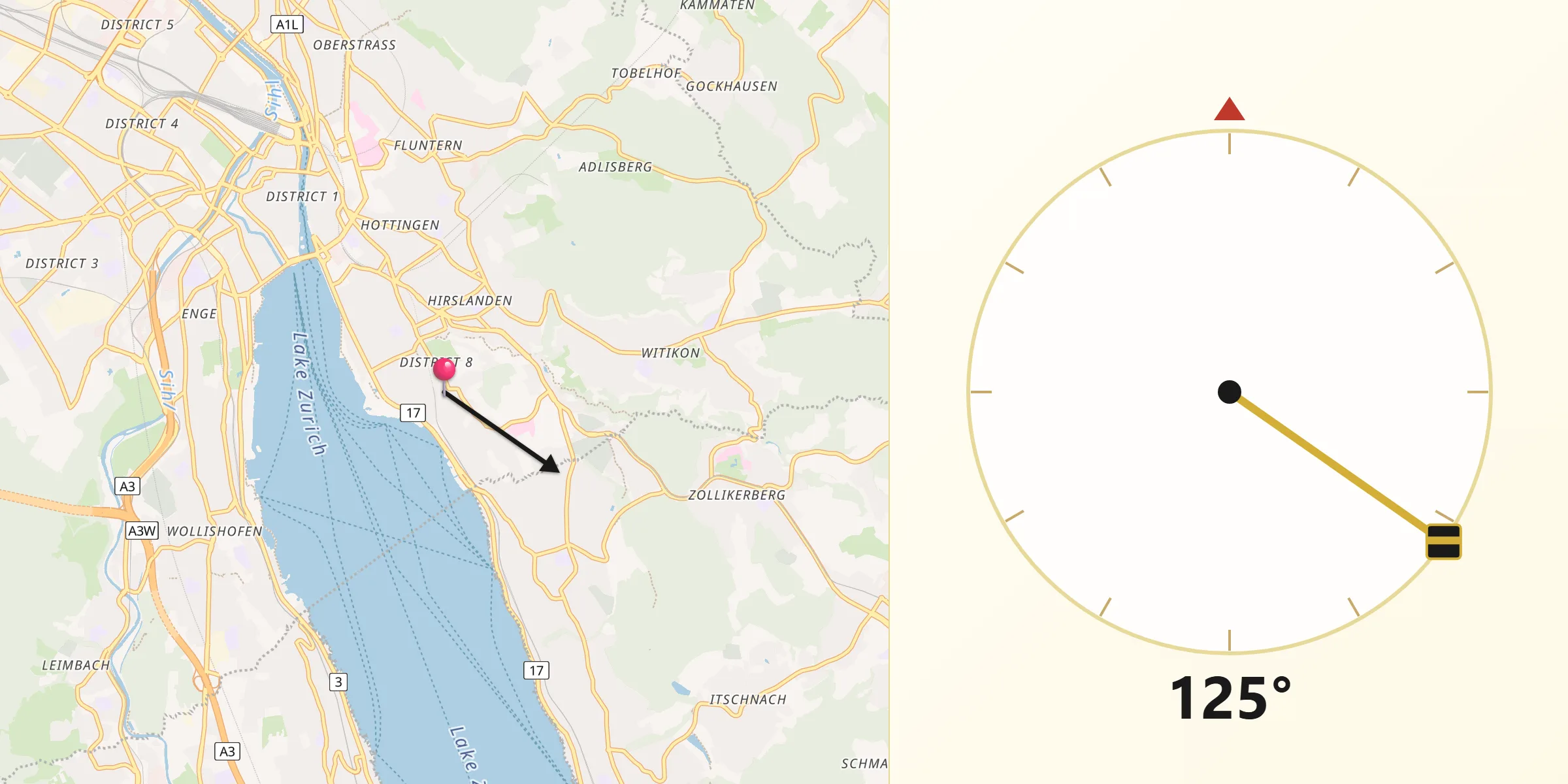 Direzione della Qibla da Zürich (Kreis 8)