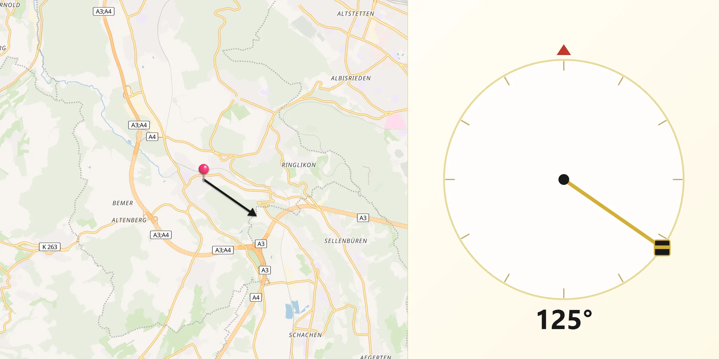Qibla-Richtung von Birmensdorf