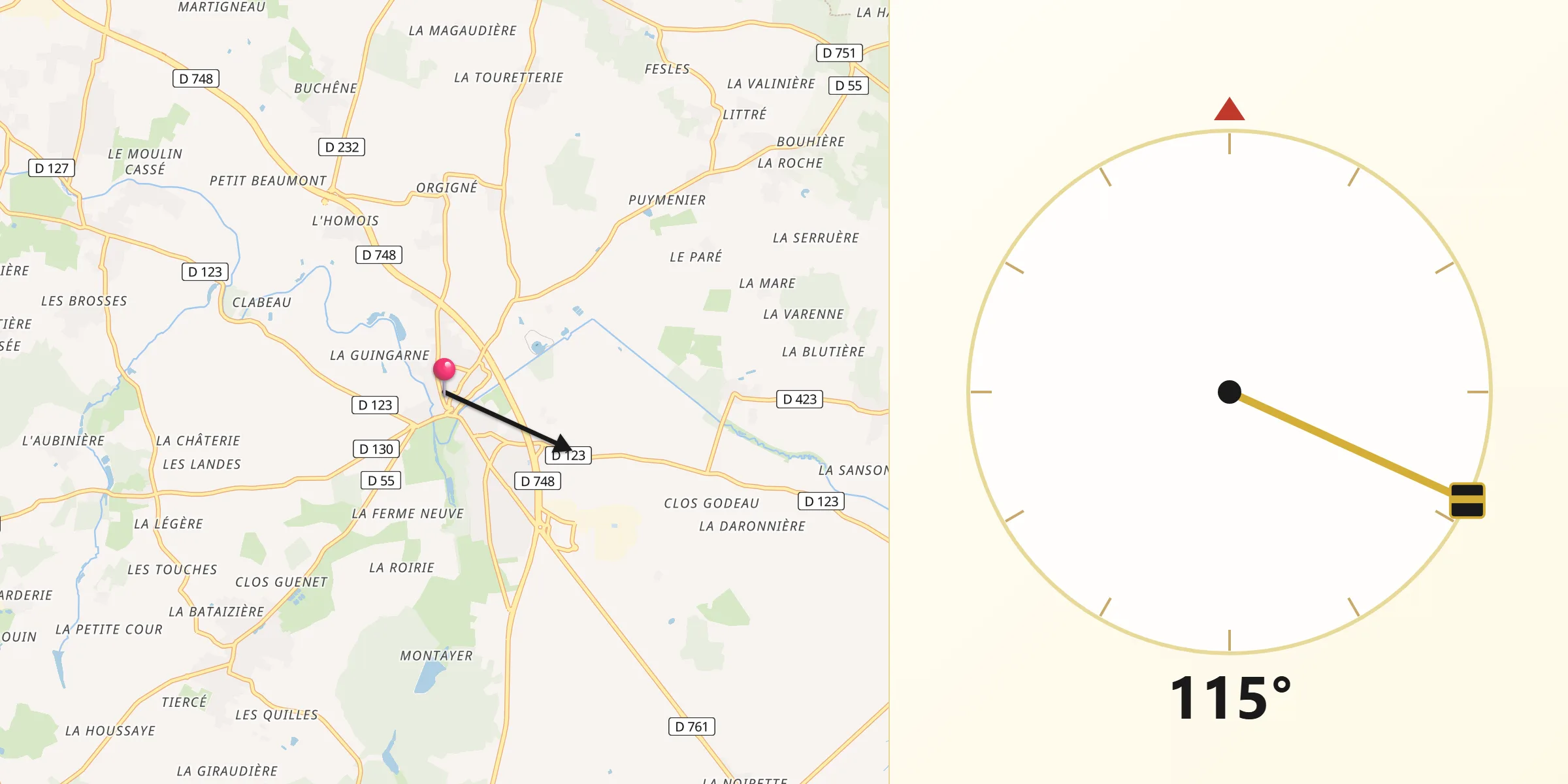 Direction vers la Qibla depuis Brissac-Quincé