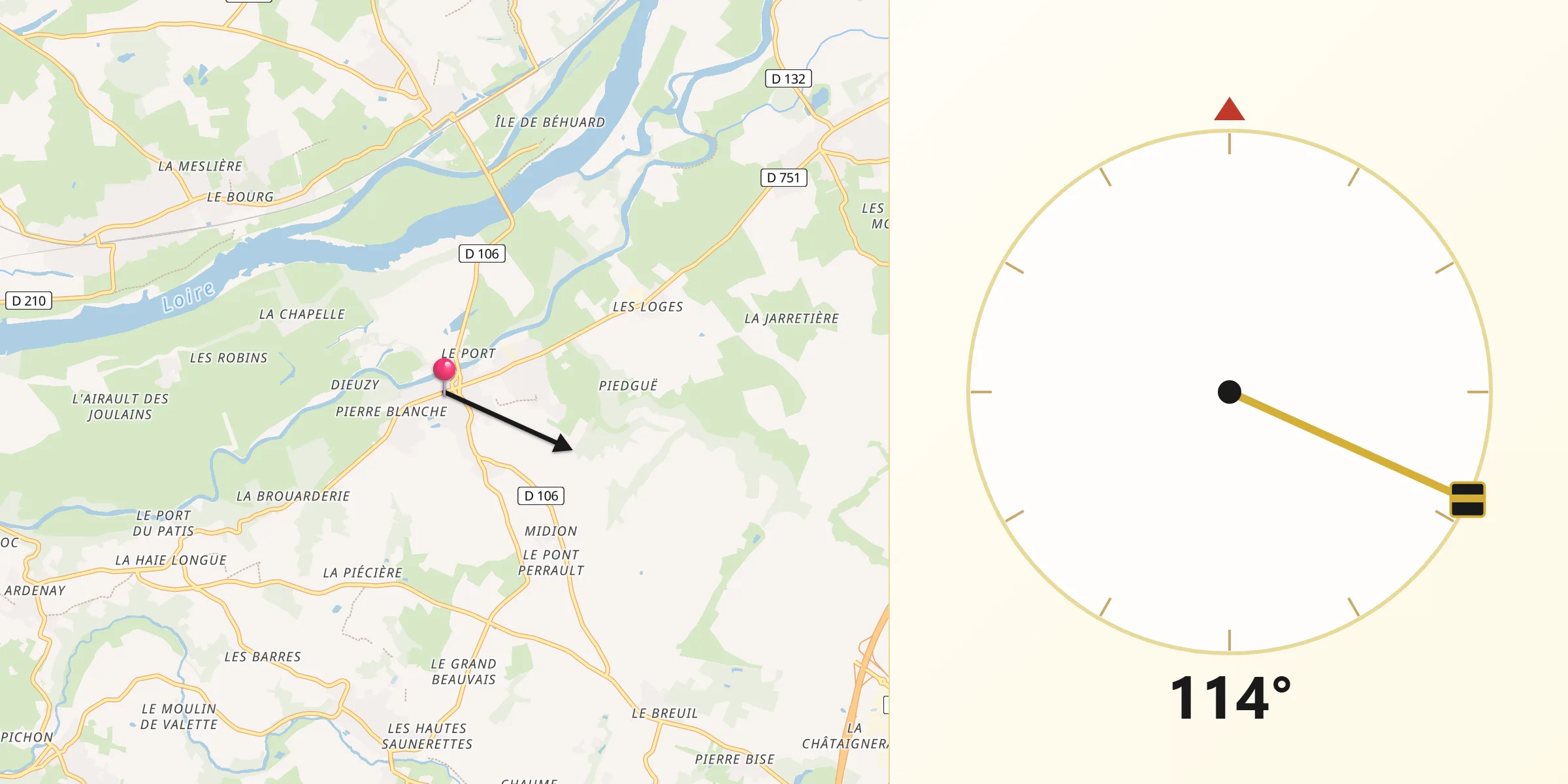 Direction vers la Qibla depuis Rochefort-sur-Loire