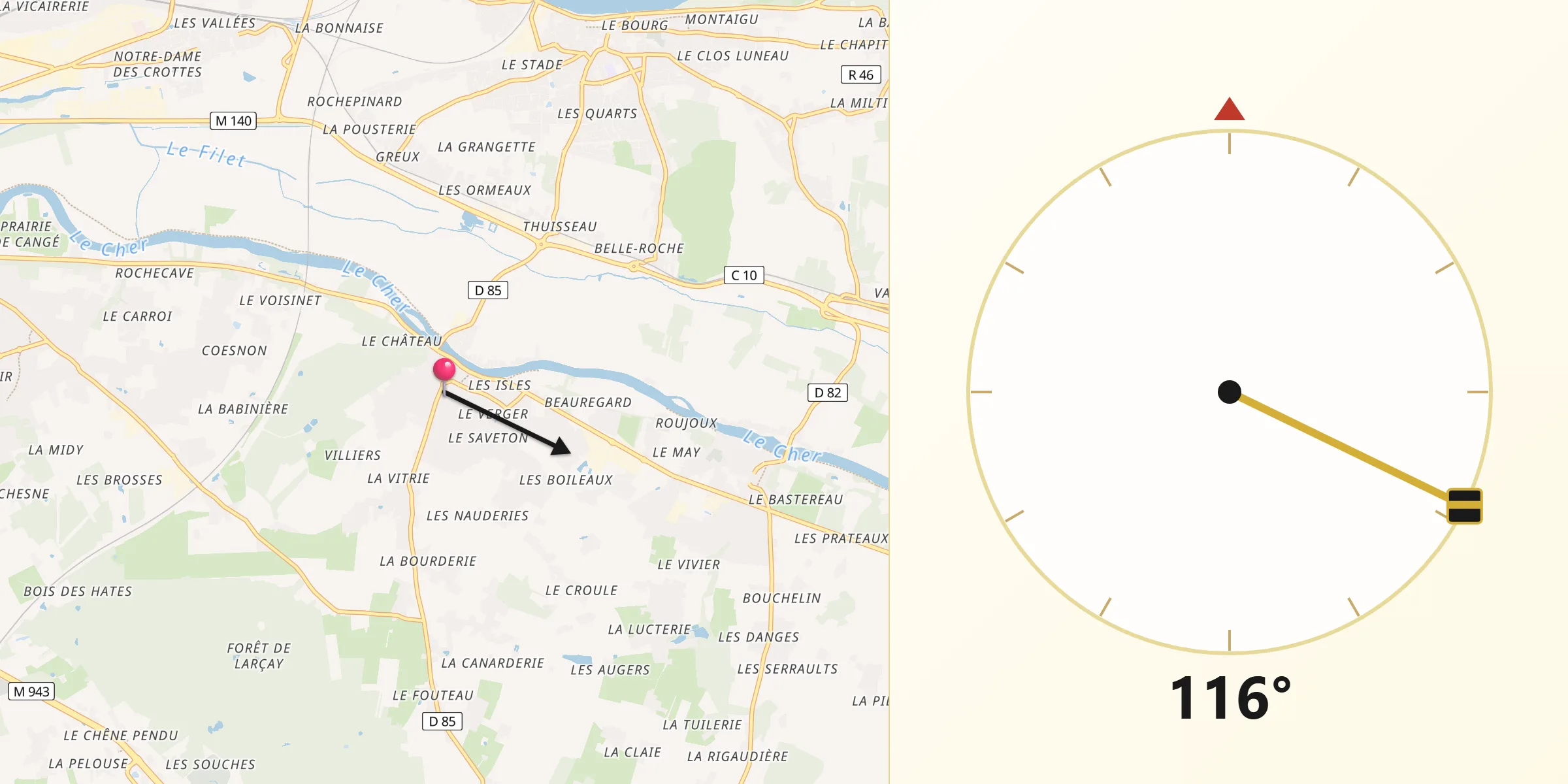 Direction vers la Qibla depuis Véretz