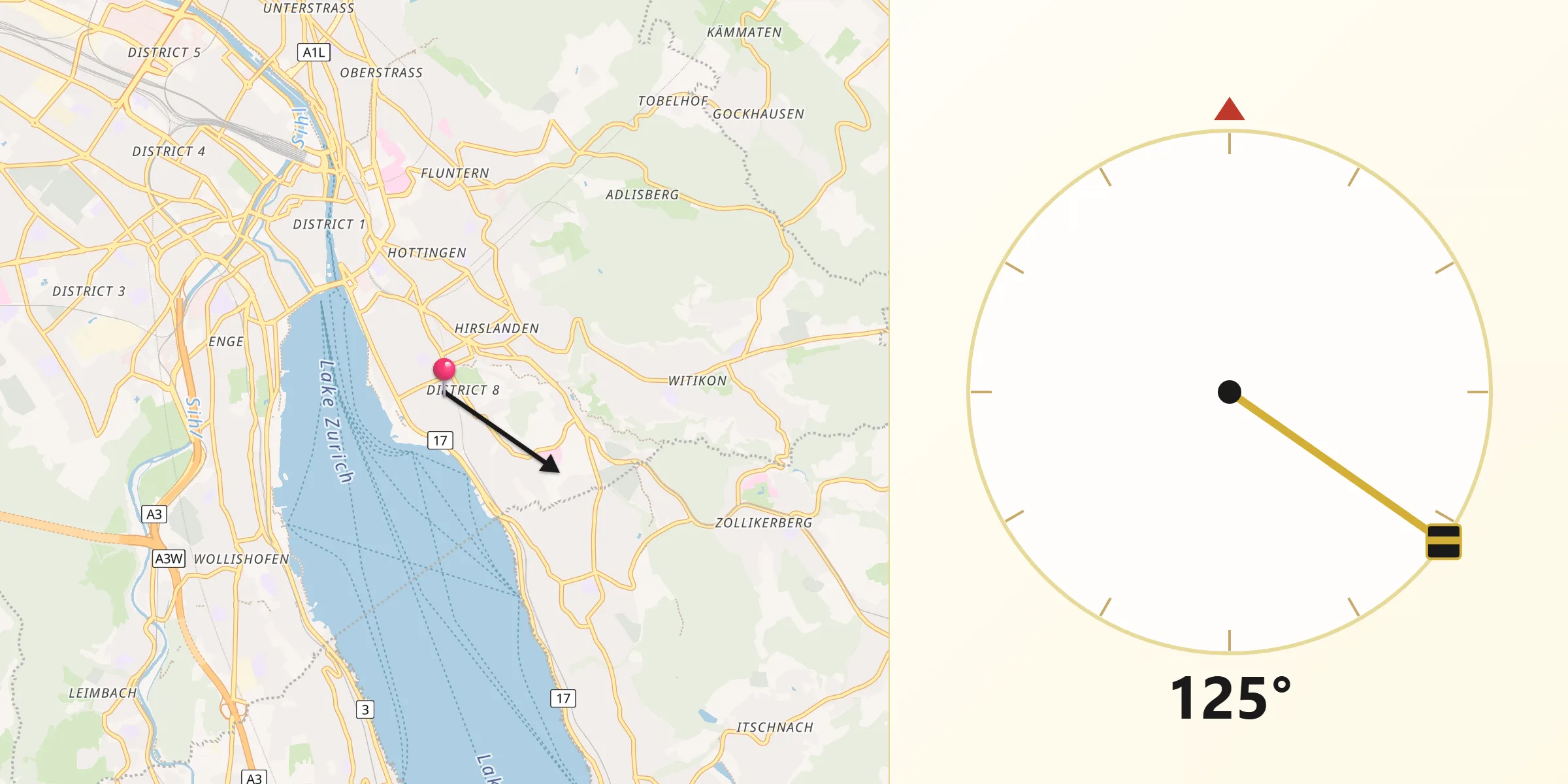 Qibla-Richtung von Zürich (Kreis 8) / Mühlebach
