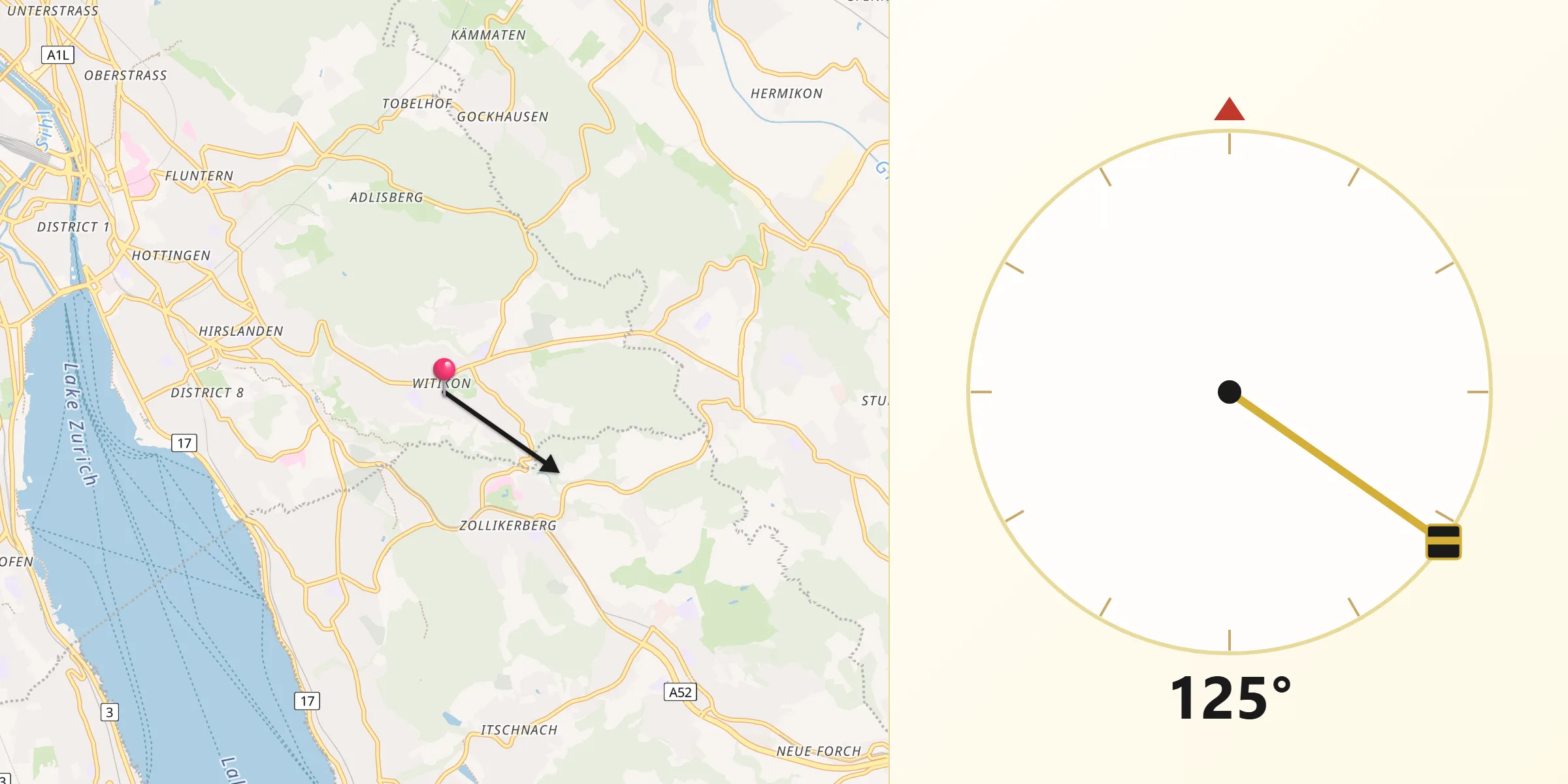 Qibla-Richtung von Zürich (Kreis 7) / Witikon