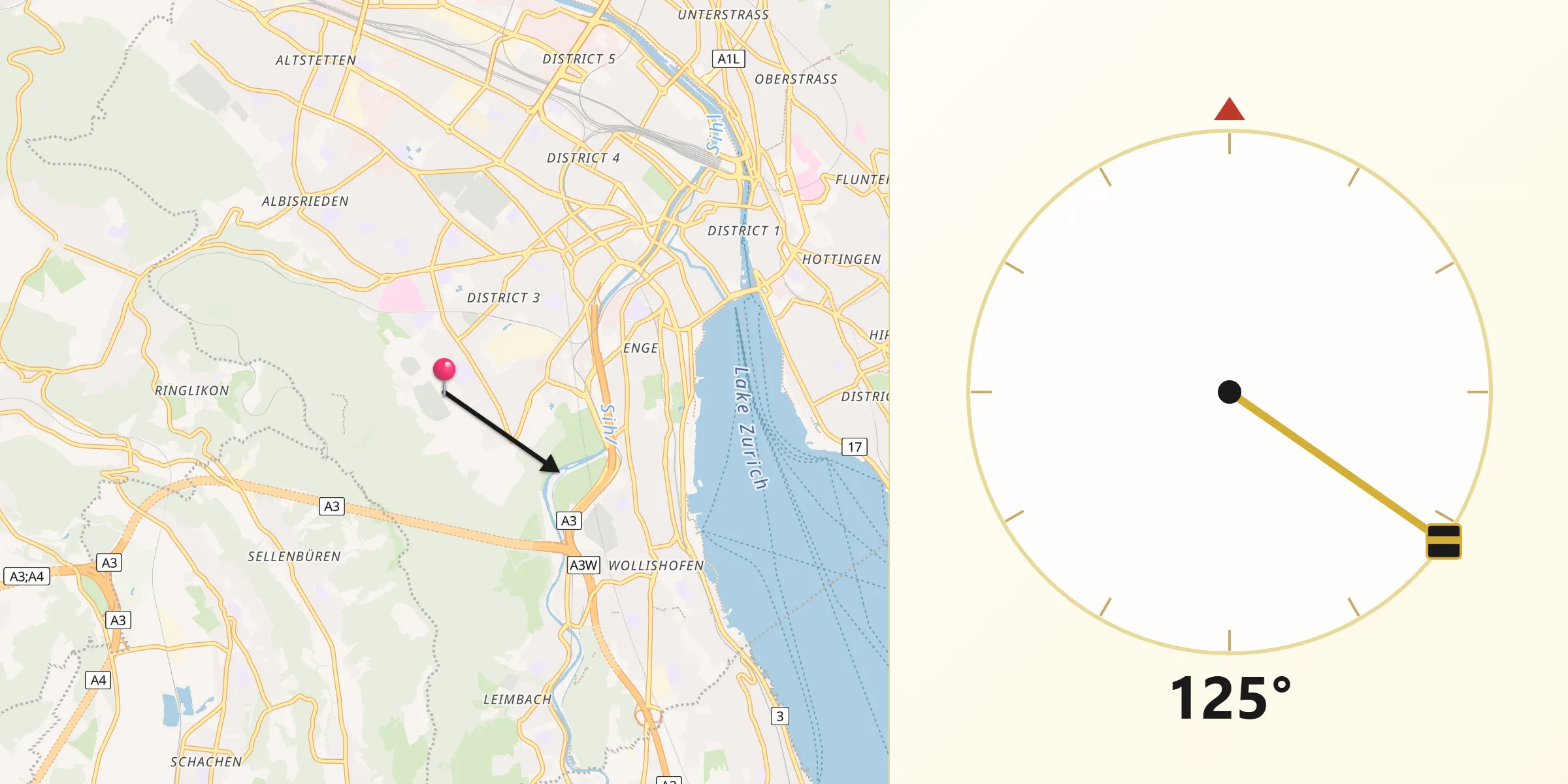 Direzione della Qibla da Zürich (Kreis 3)