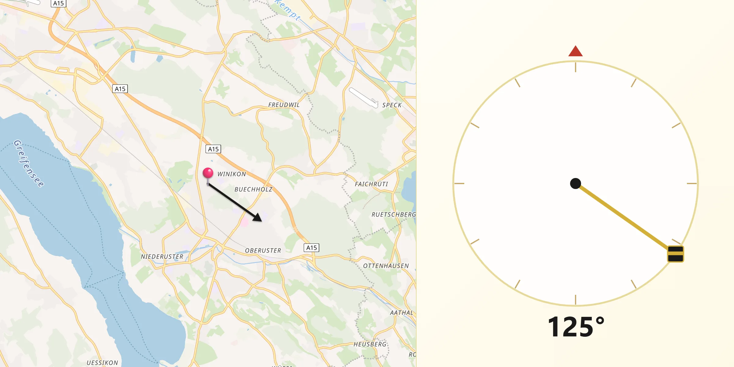 Direction vers la Qibla depuis Uster / Gschwader