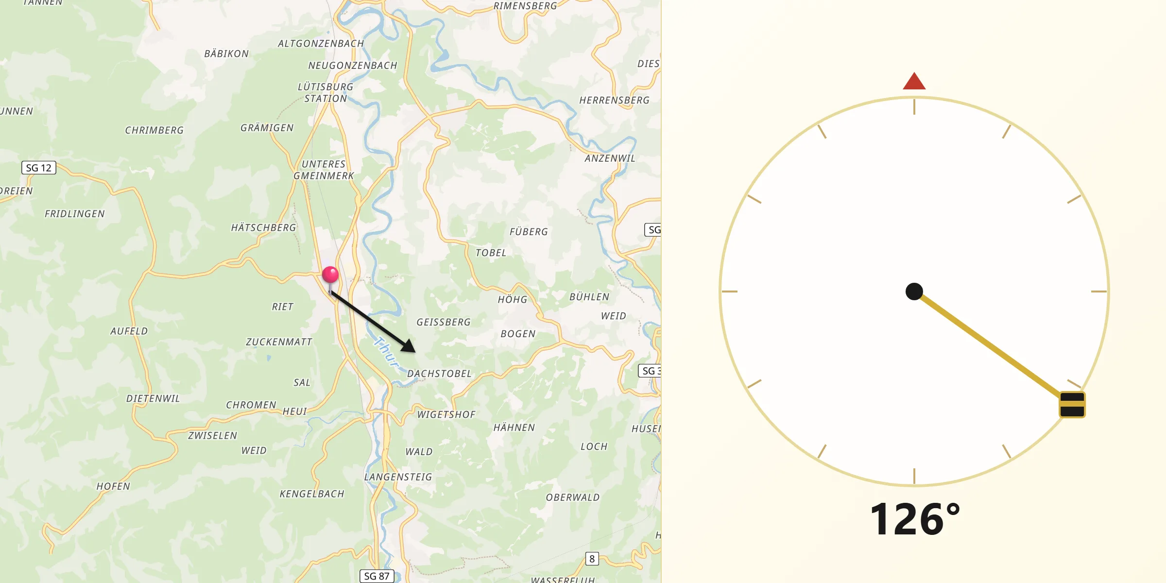 Direction vers la Qibla depuis Bütschwil