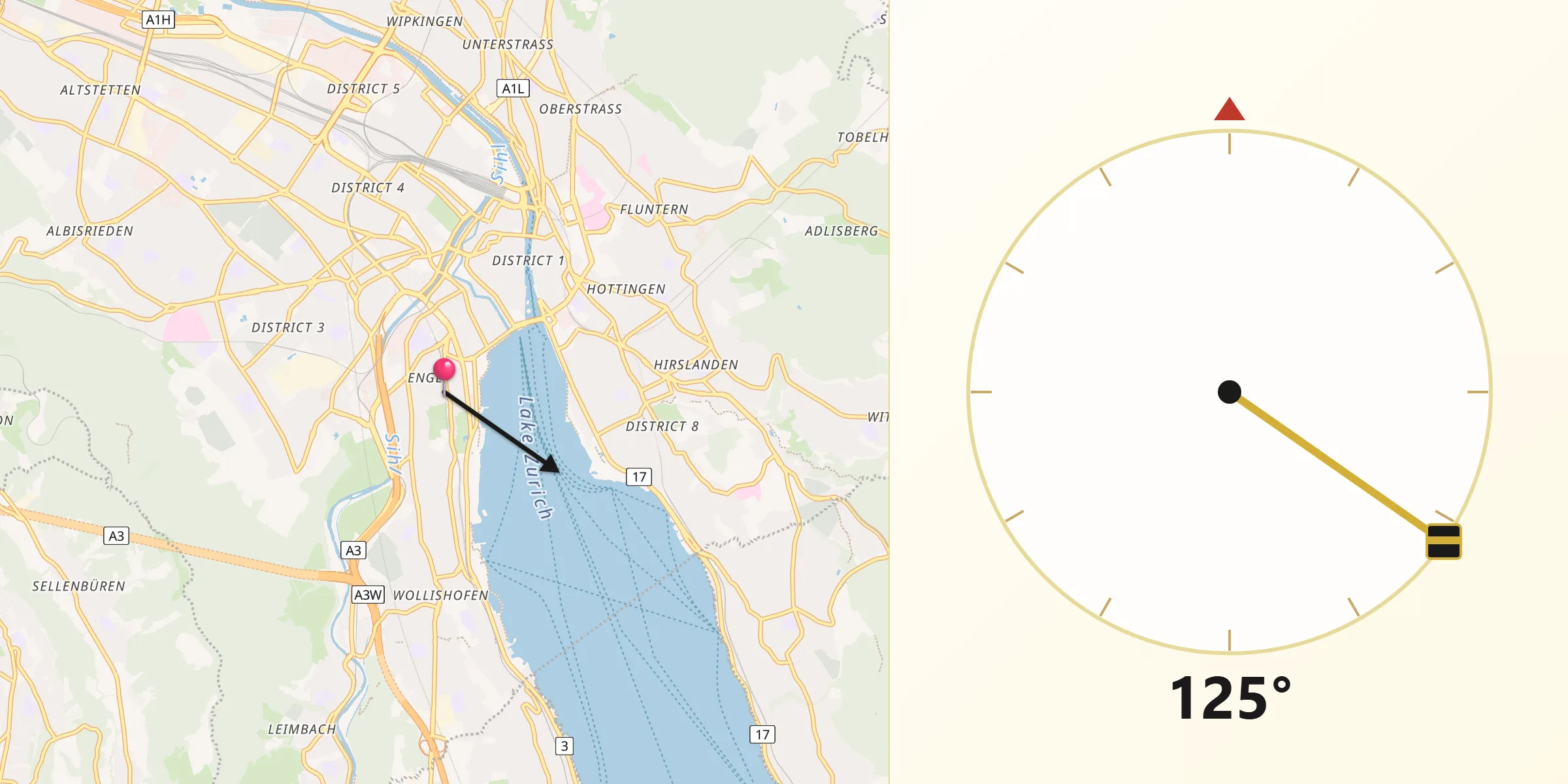 Direction vers la Qibla depuis Zürich (Kreis 2) / Enge