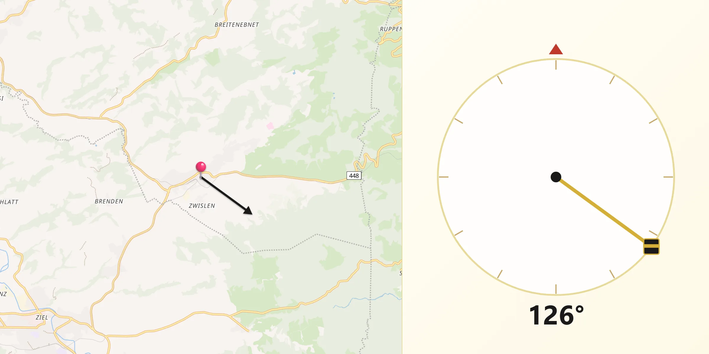 Direction vers la Qibla depuis Gais