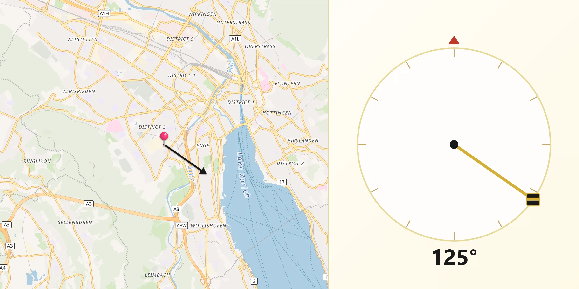 Qibla-Richtung von Zürich (Kreis 3) / Alt-Wiedikon