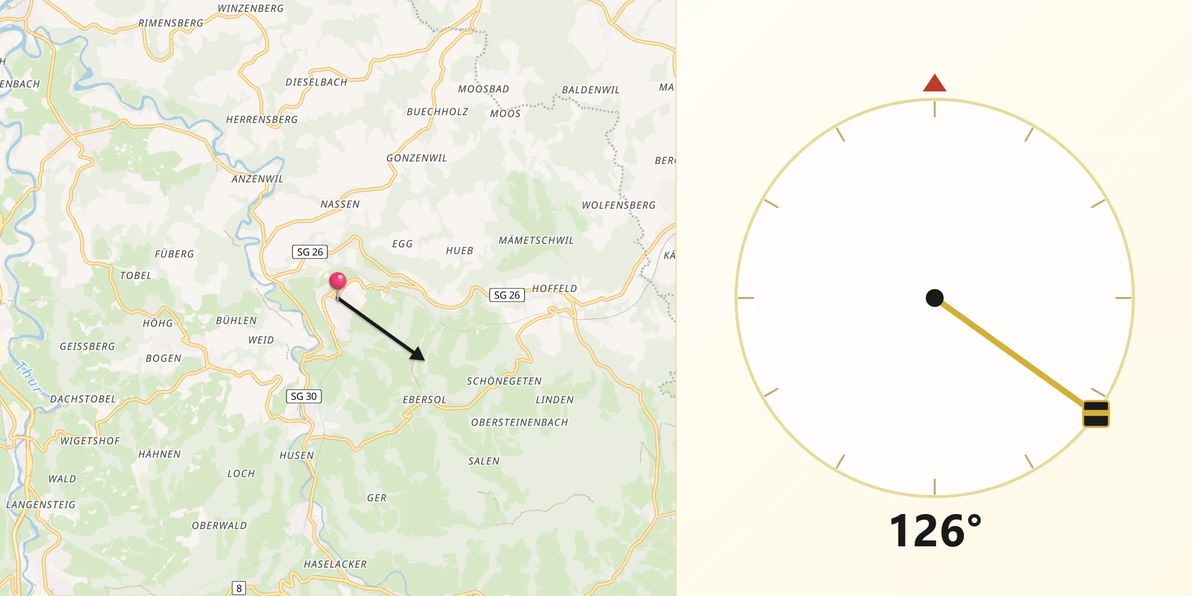 Direction vers la Qibla depuis Mogelsberg