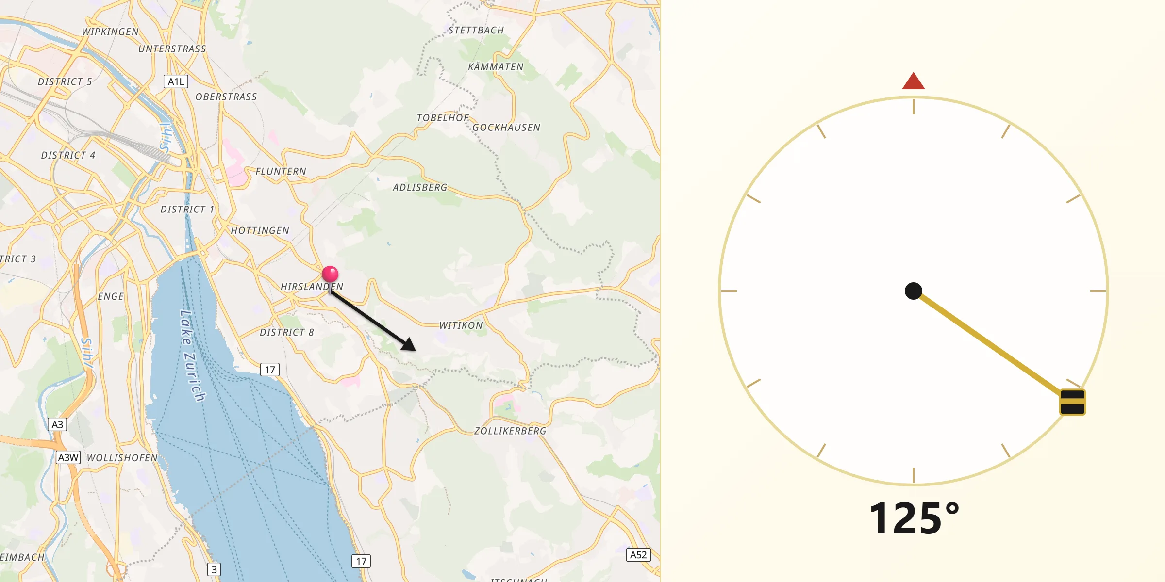 Qibla-Richtung von Zürich (Kreis 7) / Hirslanden