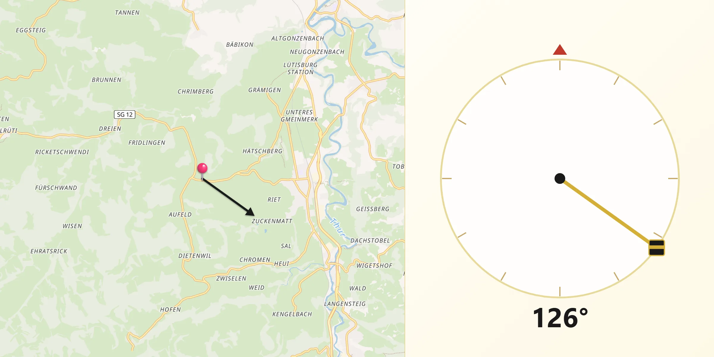Direction vers la Qibla depuis Mosnang