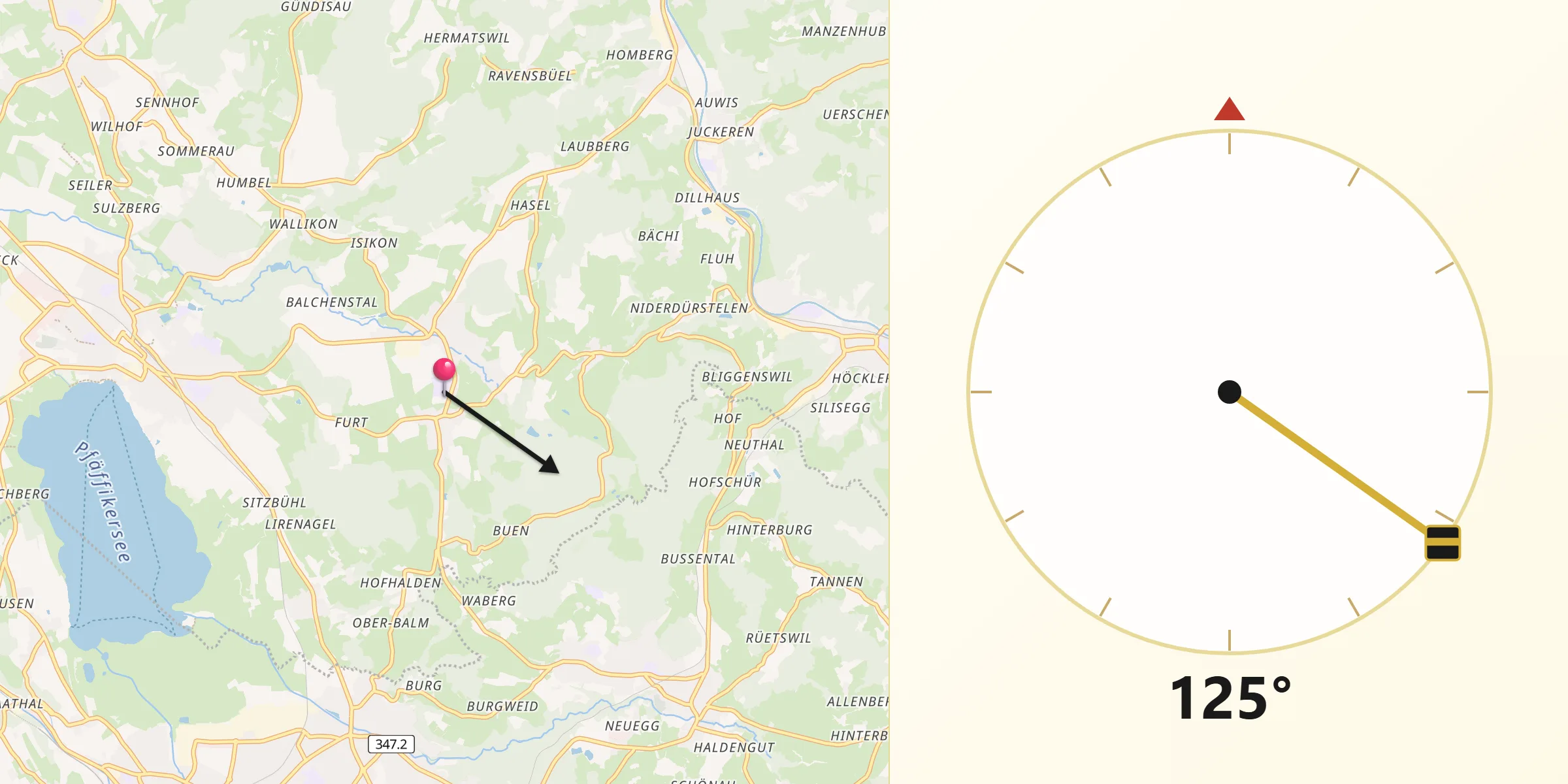 Qibla-Richtung von Hittnau / Hittnau (Dorf)