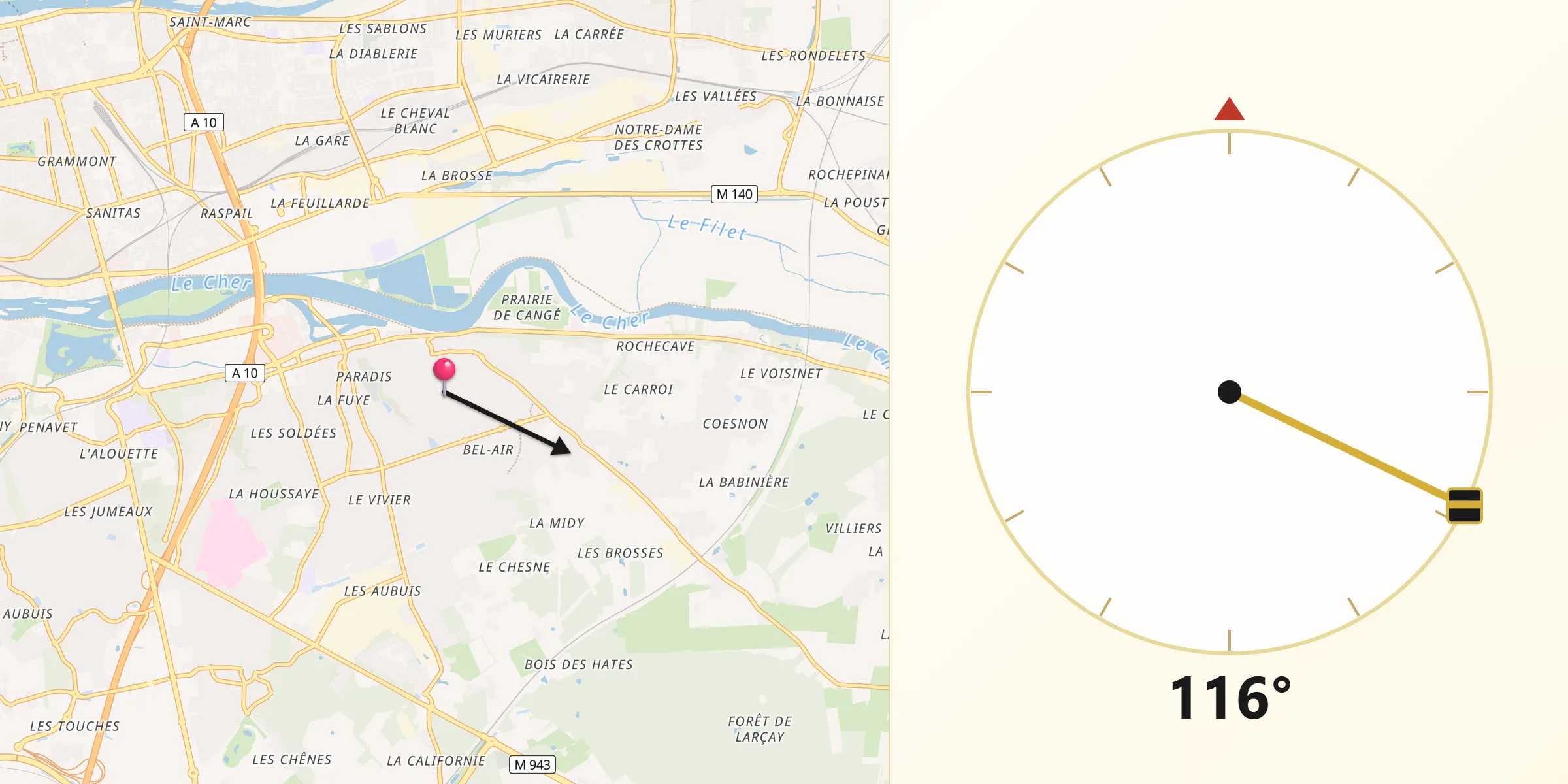 Direction vers la Qibla depuis Saint-Avertin