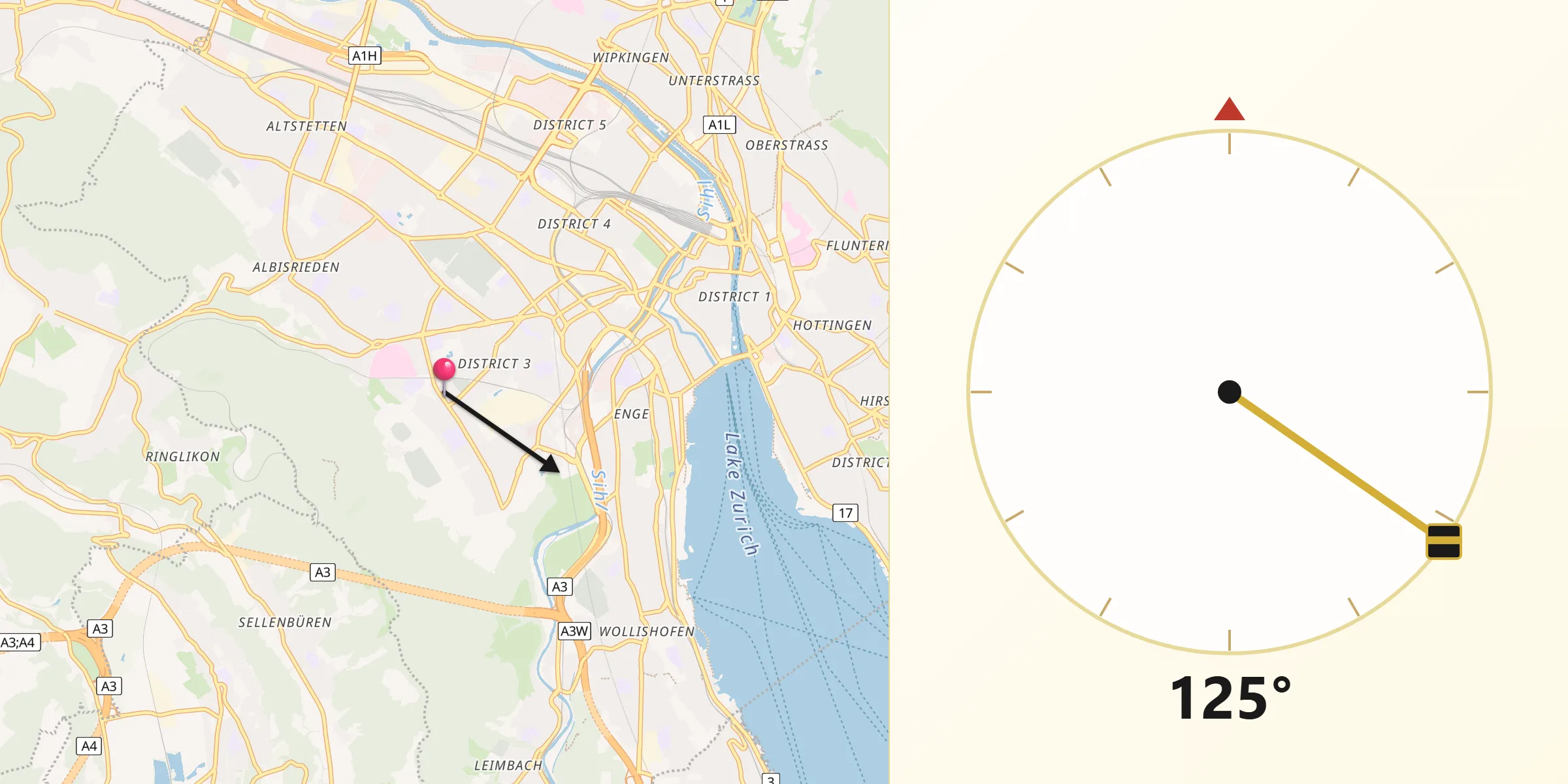 Qibla-Richtung von Zürich (Kreis 3) / Friesenberg
