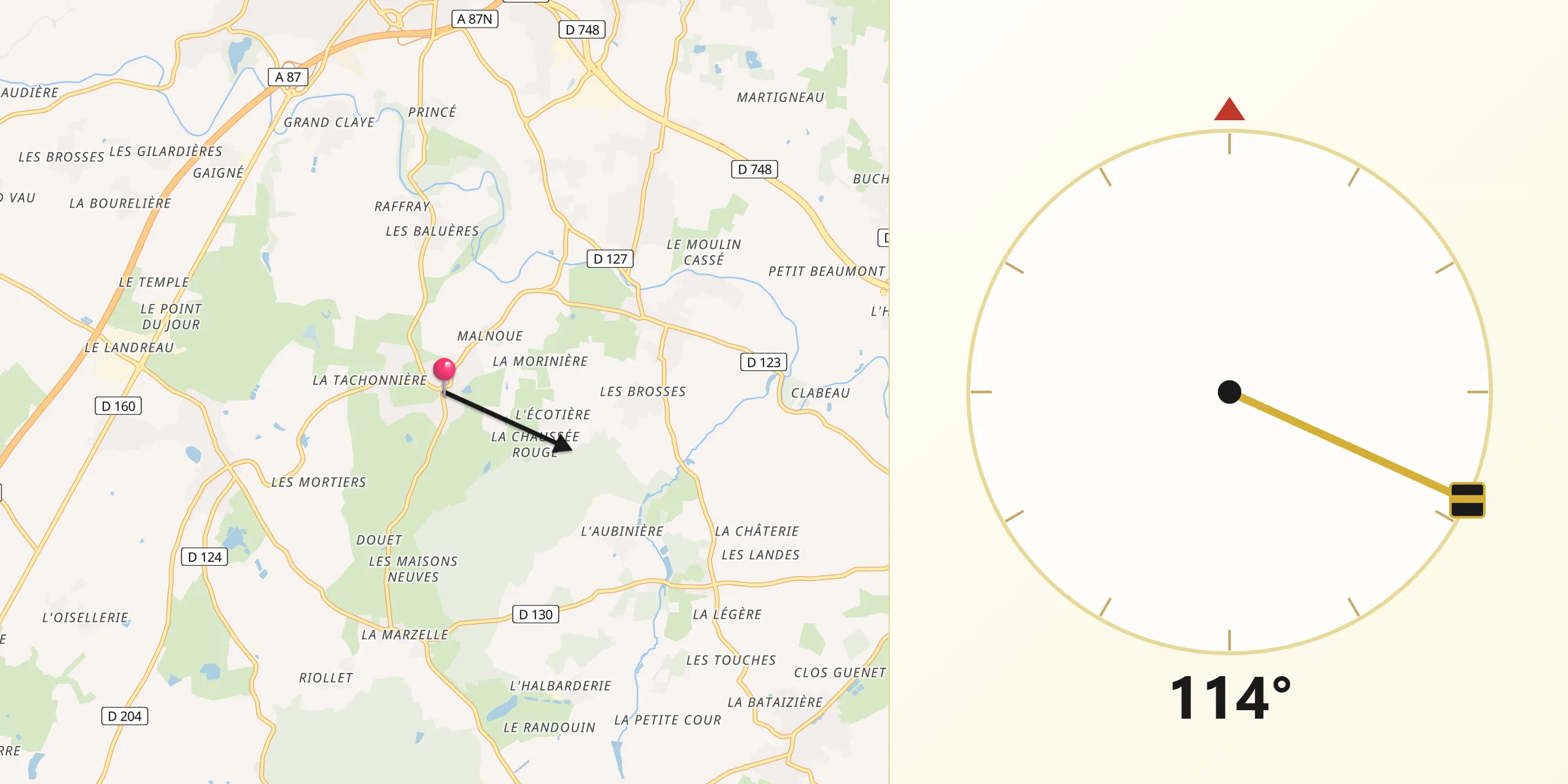 Direction vers la Qibla depuis Soulaines-sur-Aubance