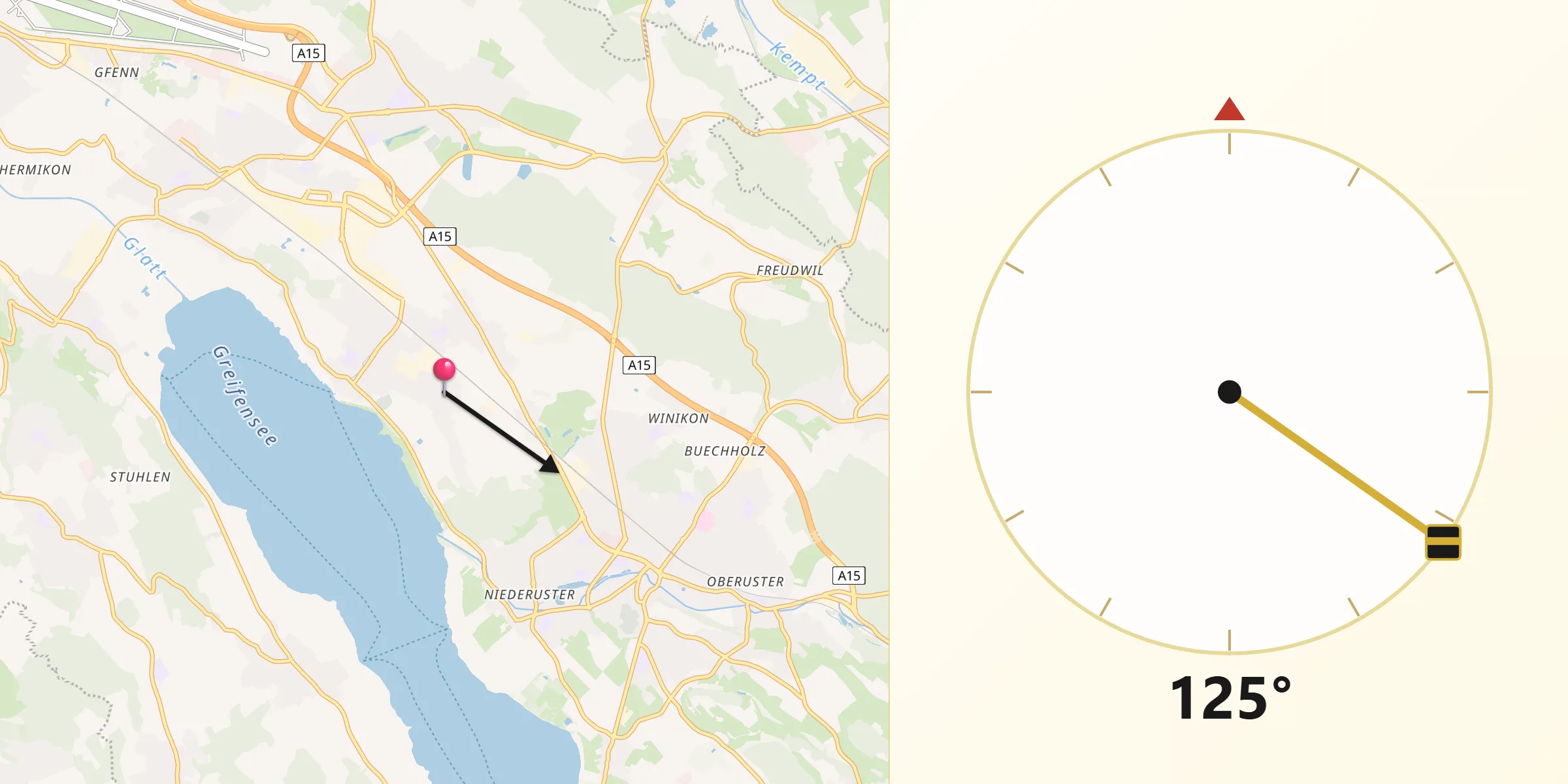 Qibla-Richtung von Greifensee / Pfisterhölzli