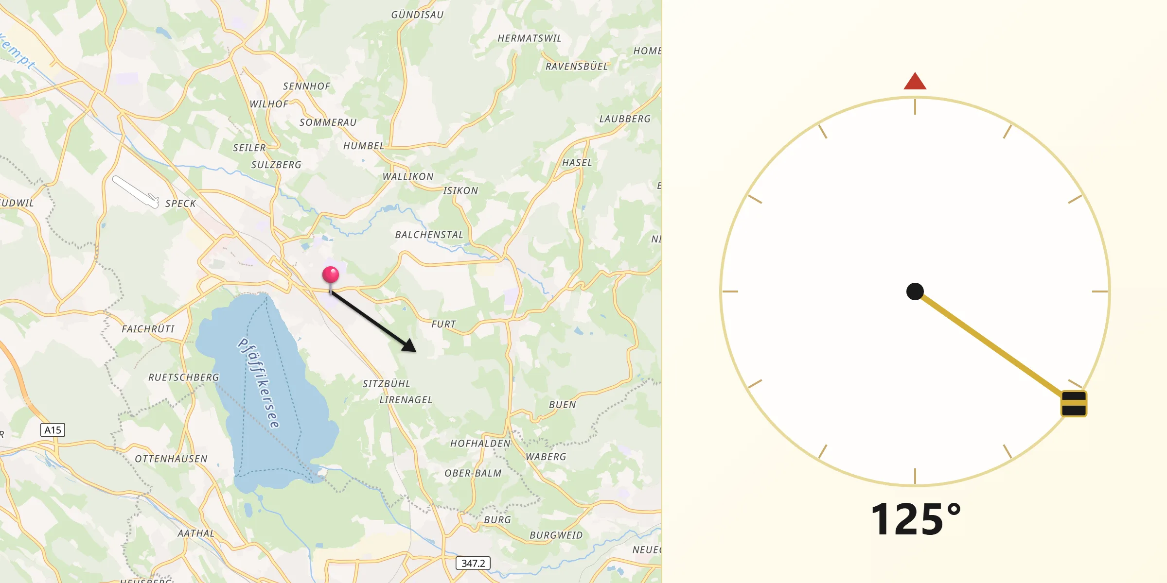 Direction vers la Qibla depuis Pfäffikon