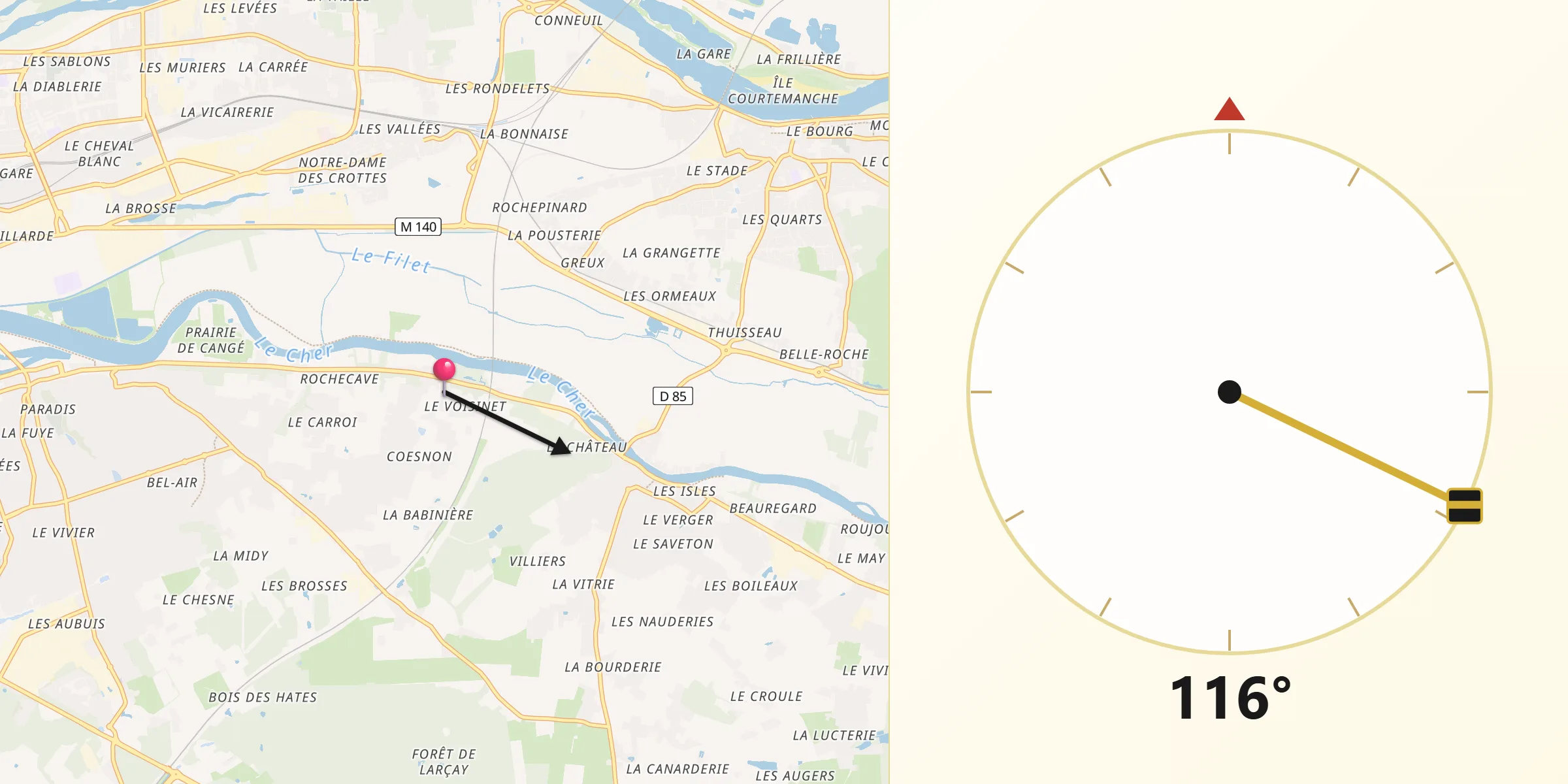 Direction vers la Qibla depuis Larçay