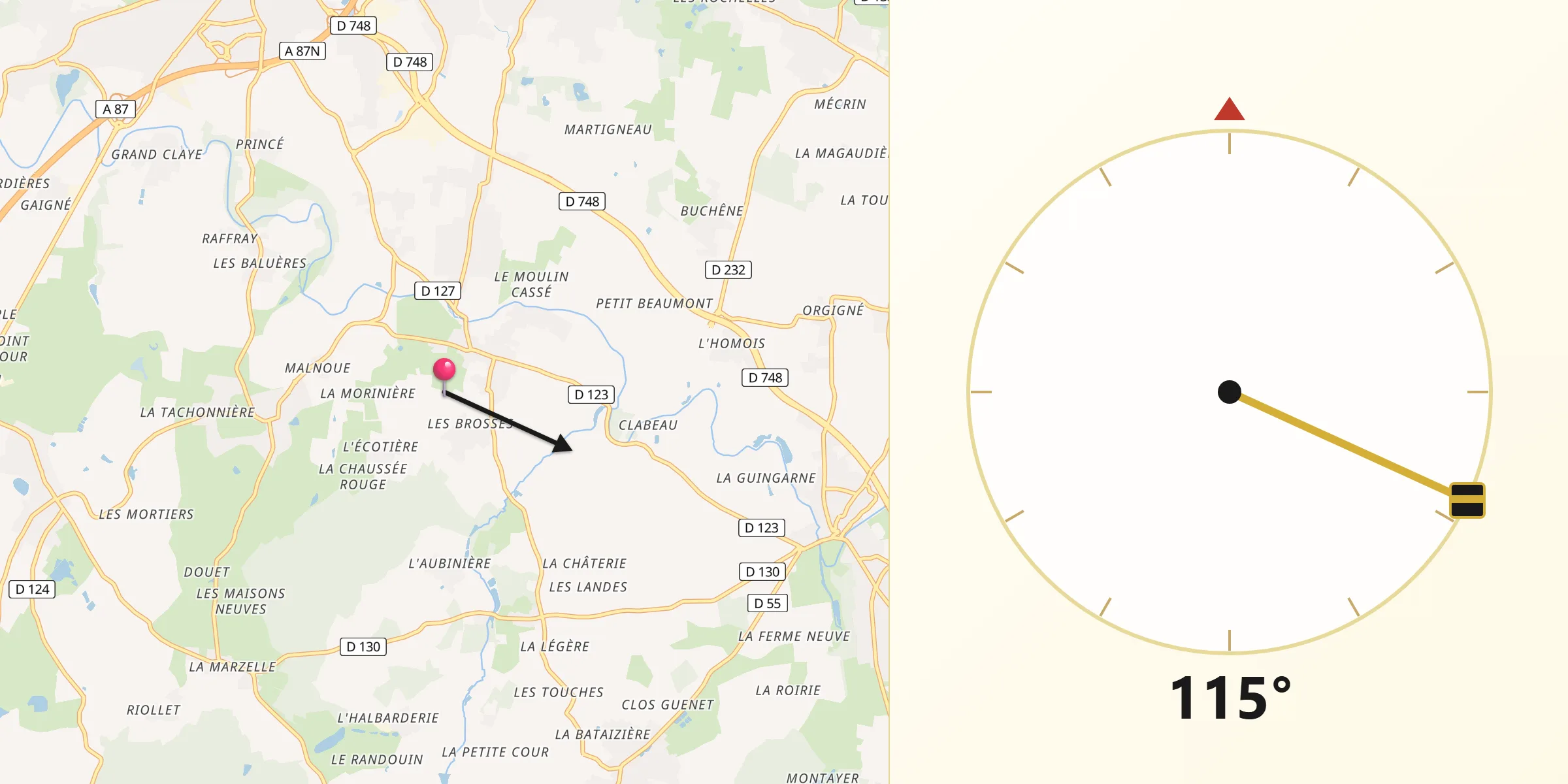 Direction vers la Qibla depuis Saint-Melaine-sur-Aubance