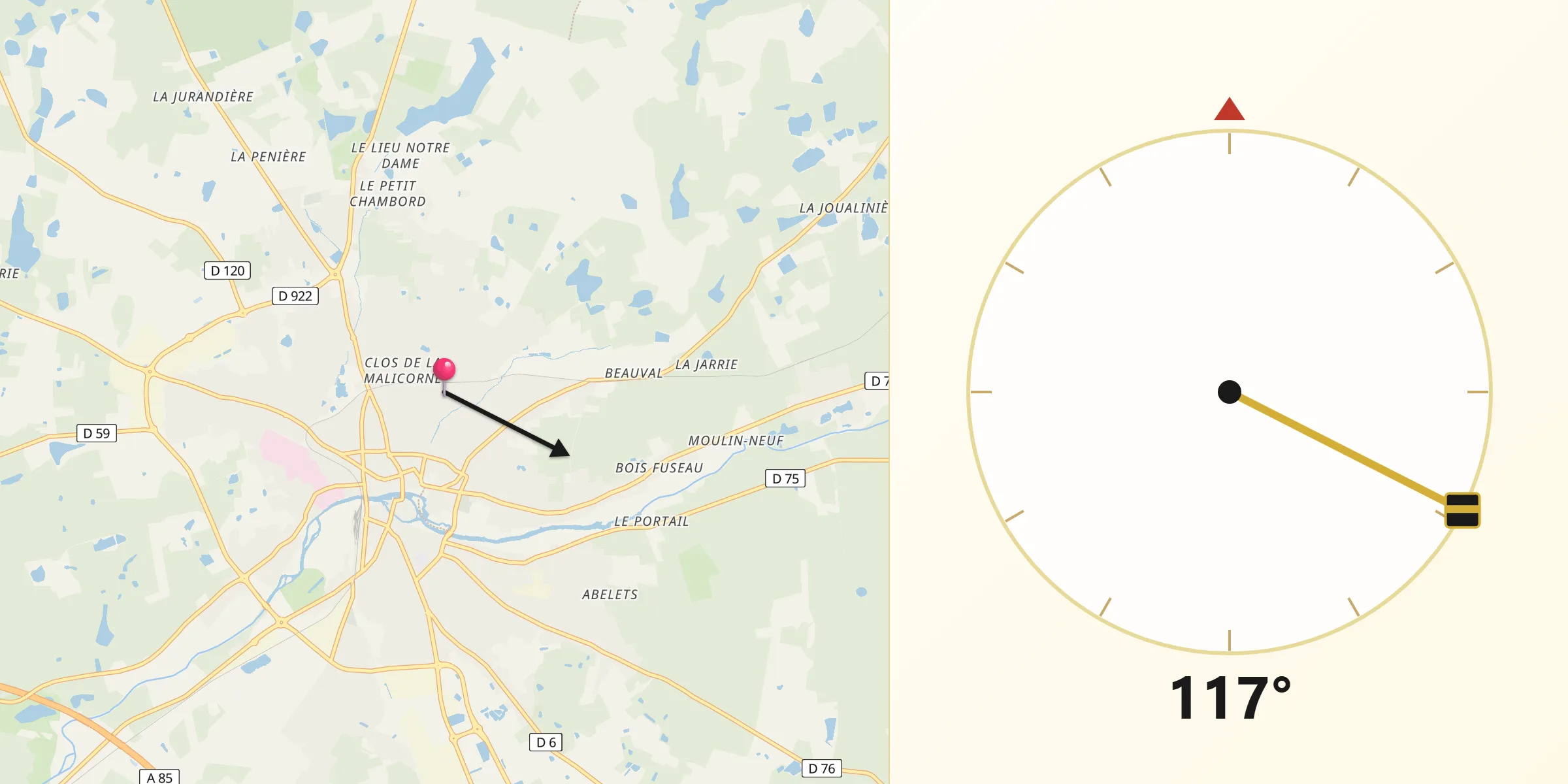 Direction vers la Qibla depuis Romorantin