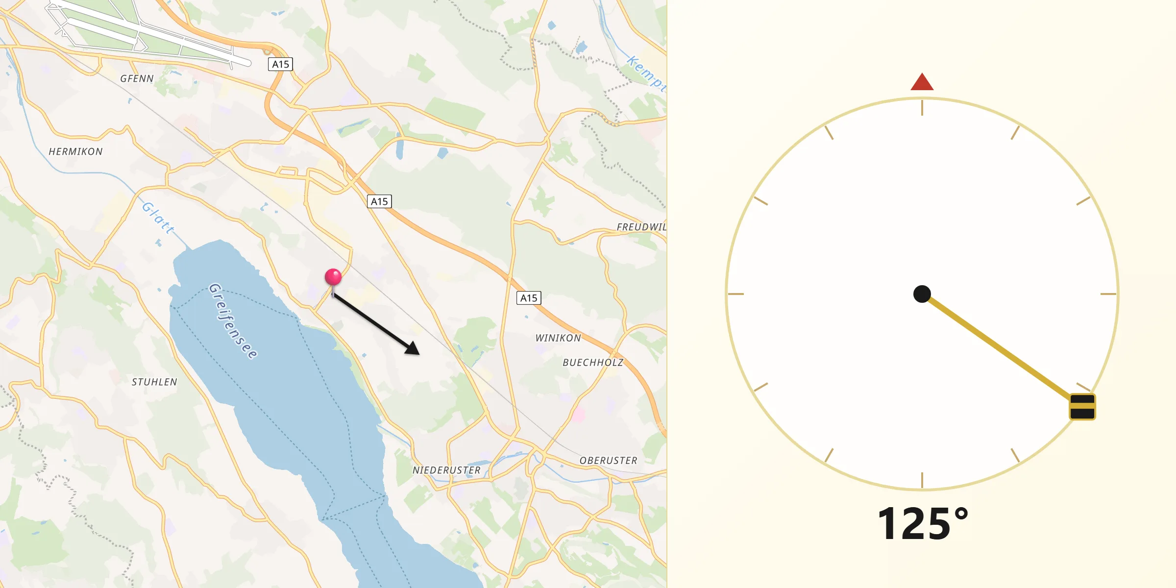 Direction vers la Qibla depuis Greifensee
