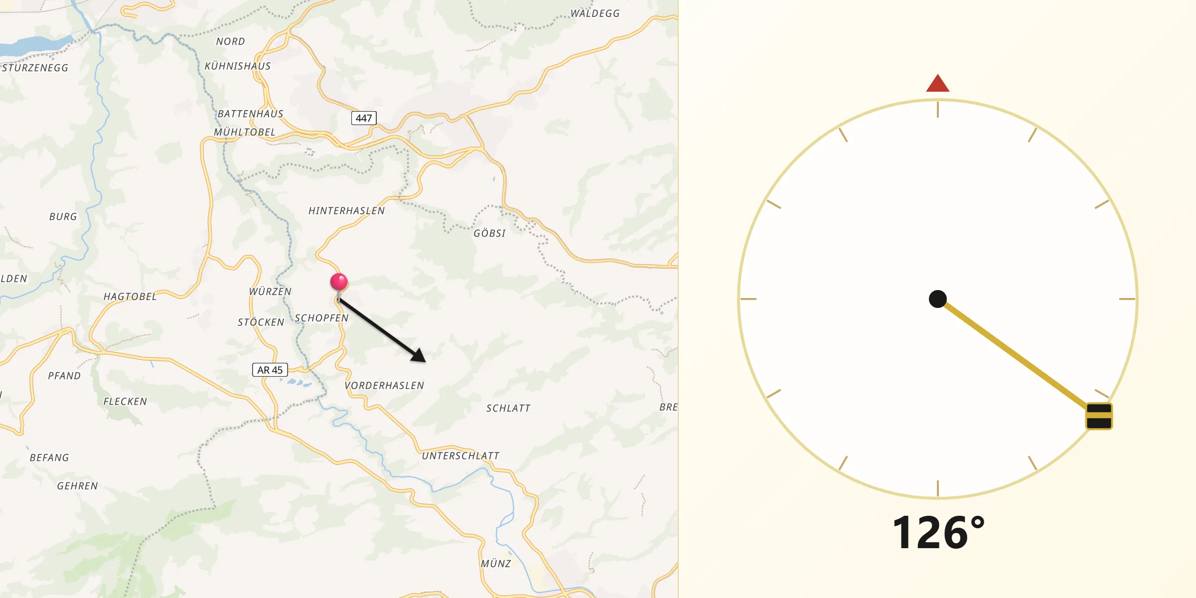 Direction vers la Qibla depuis Haslen