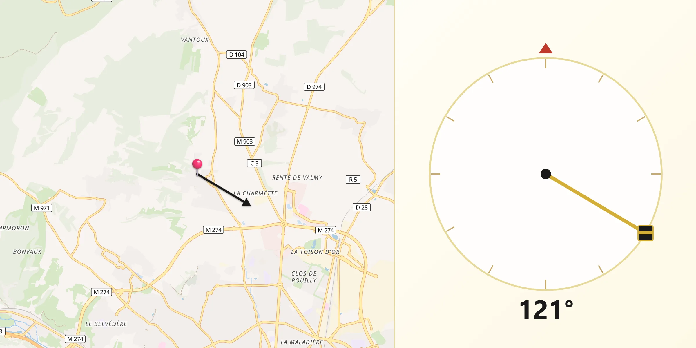 Direction vers la Qibla depuis Ahuy