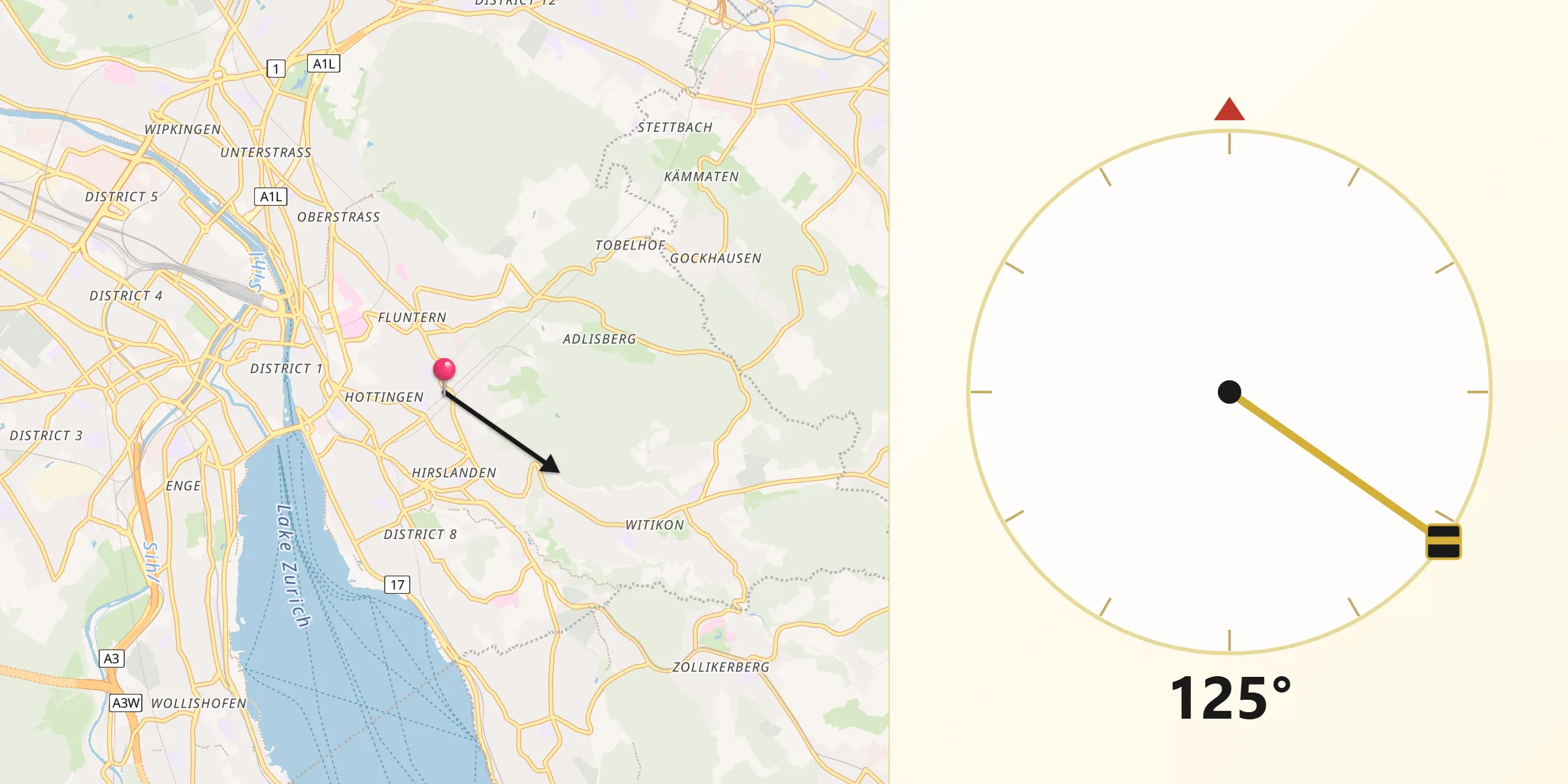 Qibla-Richtung von Zürich (Kreis 7) / Hottingen