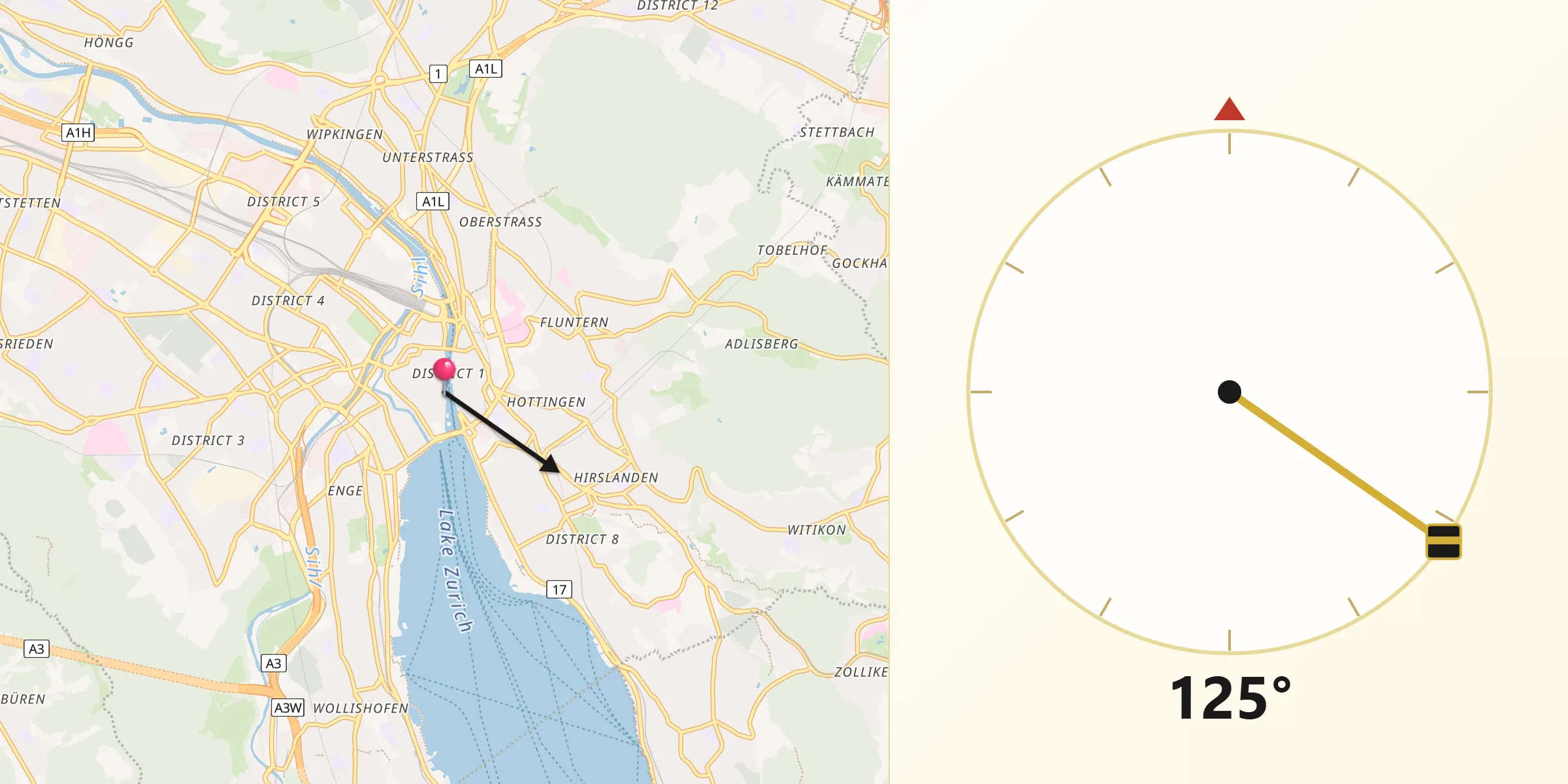 Direzione della Qibla da Zürich (Kreis 1)