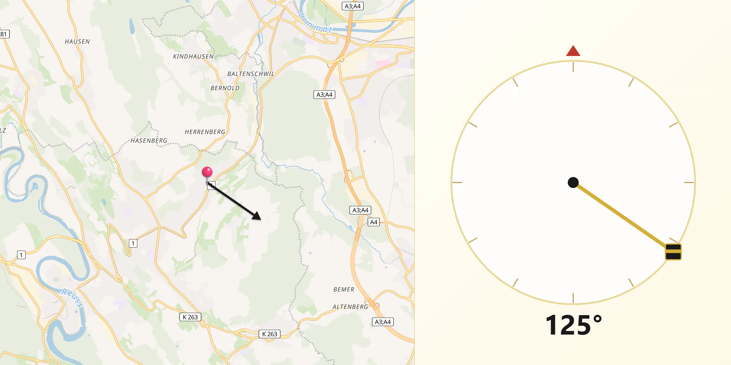Direction vers la Qibla depuis Rudolfstetten