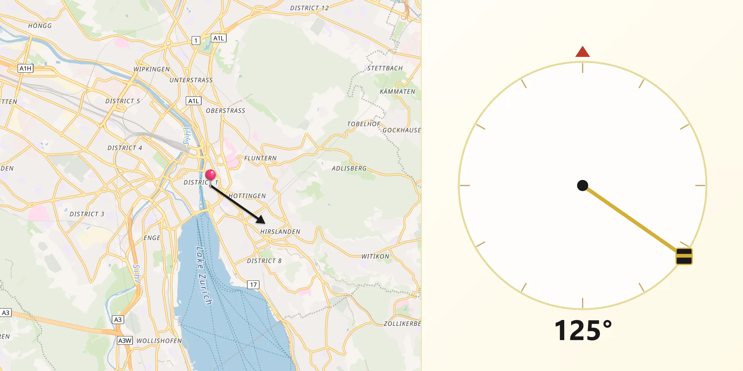 Direction vers la Qibla depuis Zürich (Kreis 1) / Rathaus